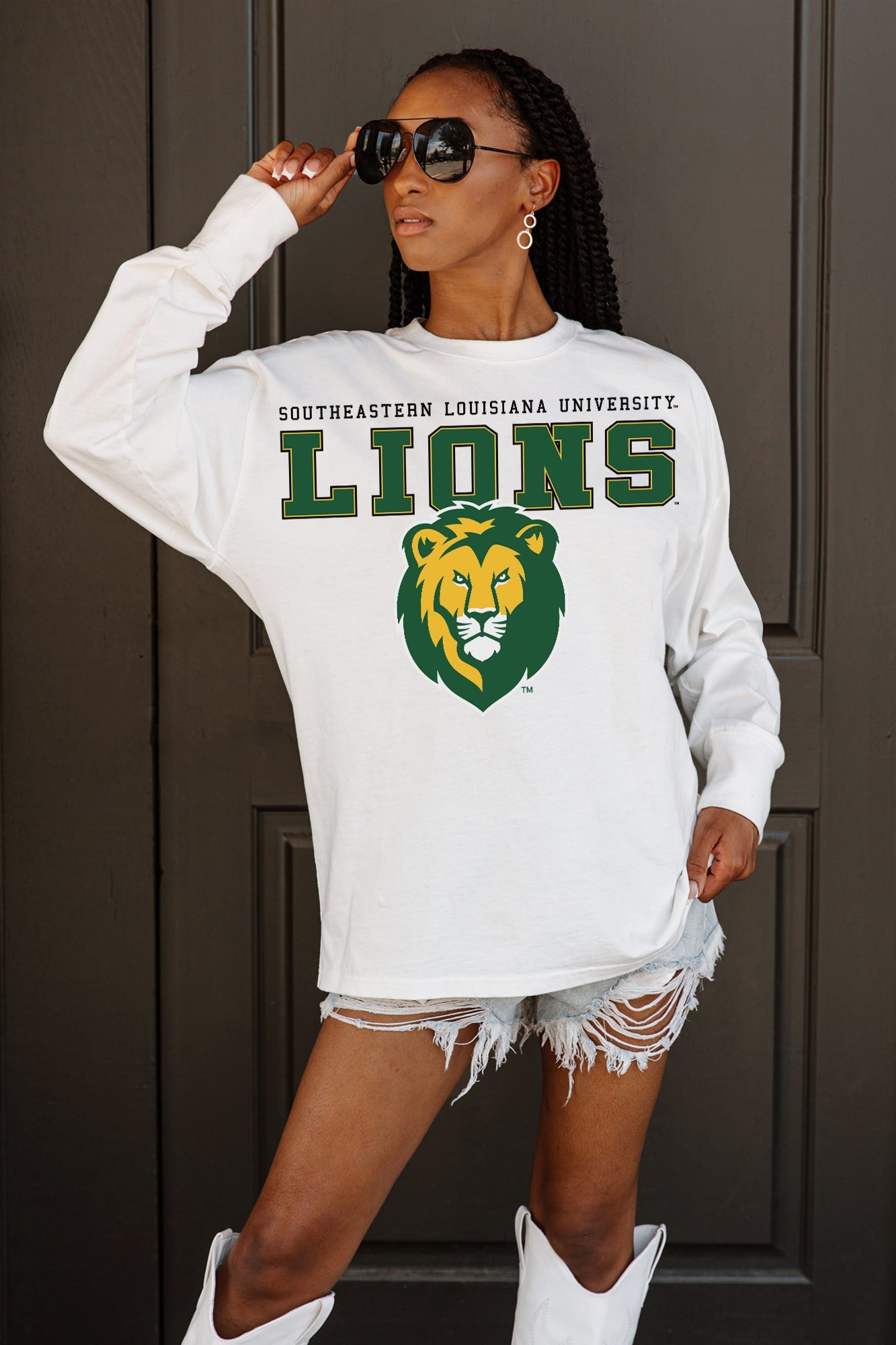 SOUTHEASTERN LOUISIANA LIONS BIG GOALS OVERSIZED LONG SLEEVE TEE - Close Up Front Logo | Gameday Couture - SOHO