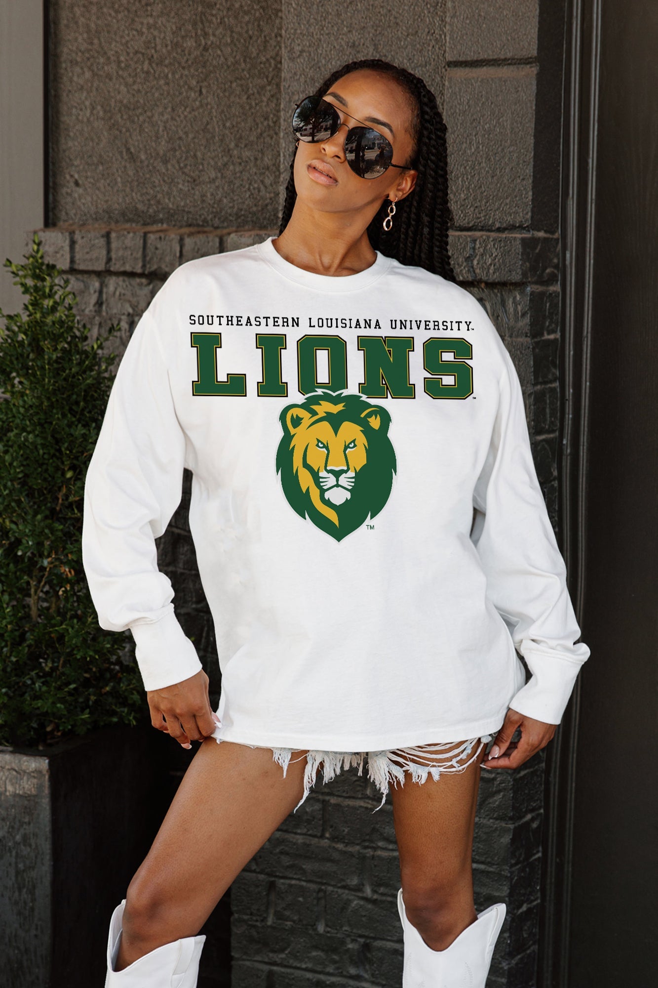SOUTHEASTERN LOUISIANA LIONS BIG GOALS OVERSIZED LONG SLEEVE TEE - Centered Front View | Gameday Couture - SOHO