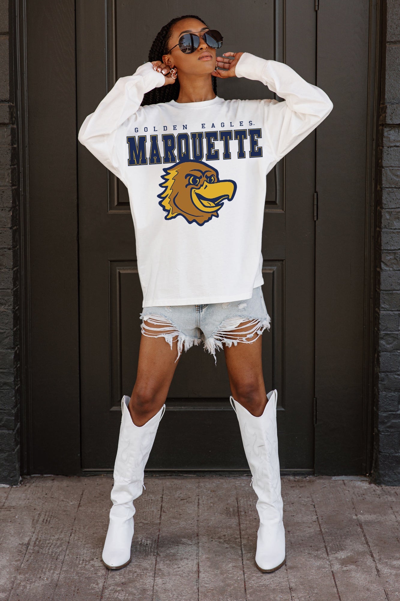 MARQUETTE GOLDEN EAGLES BIG GOALS OVERSIZED LONG SLEEVE TEE WITH RIBBED NECKLINE AND CUFFS