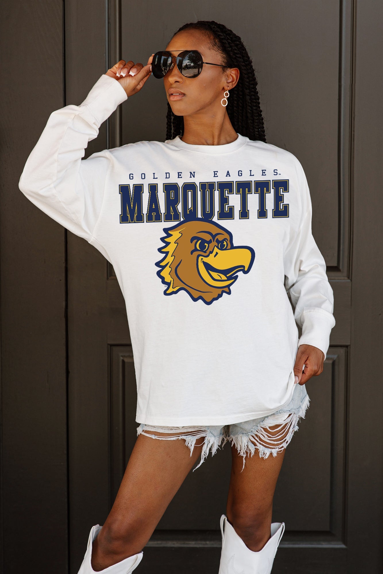 MARQUETTE GOLDEN EAGLES BIG GOALS OVERSIZED LONG SLEEVE TEE WITH RIBBED NECKLINE AND CUFFS