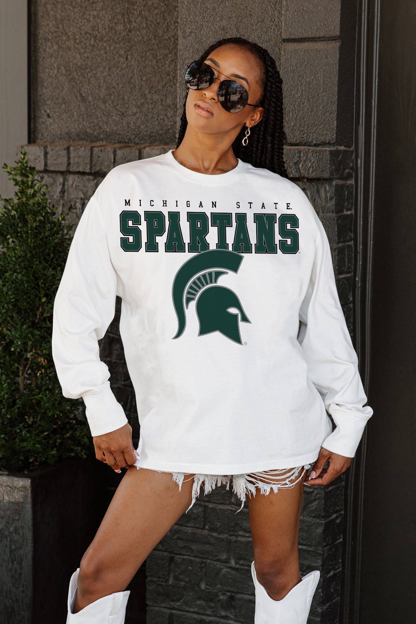 MICHIGAN STATE SPARTANS BIG GOALS OVERSIZED LONG SLEEVE TEE WITH RIBBED NECKLINE AND CUFFS