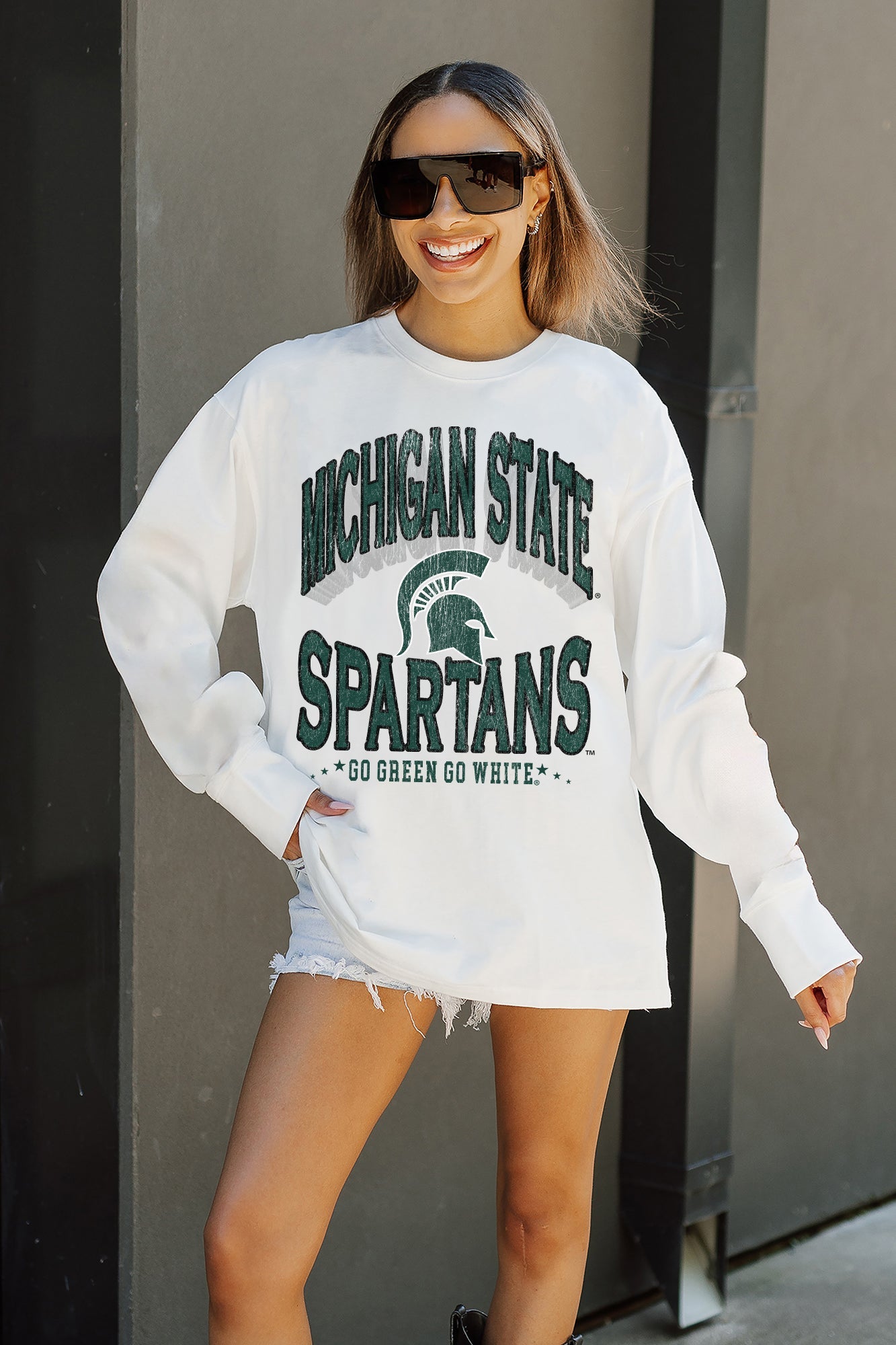 White MICHIGAN STATE SPARTANS TIME OUT OVERSIZED LONG SLEEVE TEE - Front View | Gameday Couture - SOHO