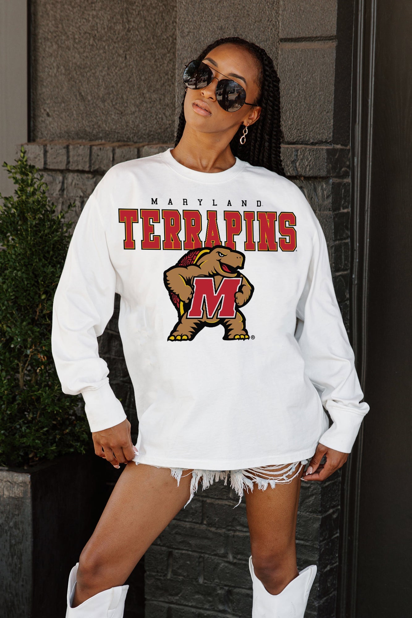 MARYLAND TERRAPINS BIG GOALS OVERSIZED LONG SLEEVE TEE WITH RIBBED NECKLINE AND CUFFS