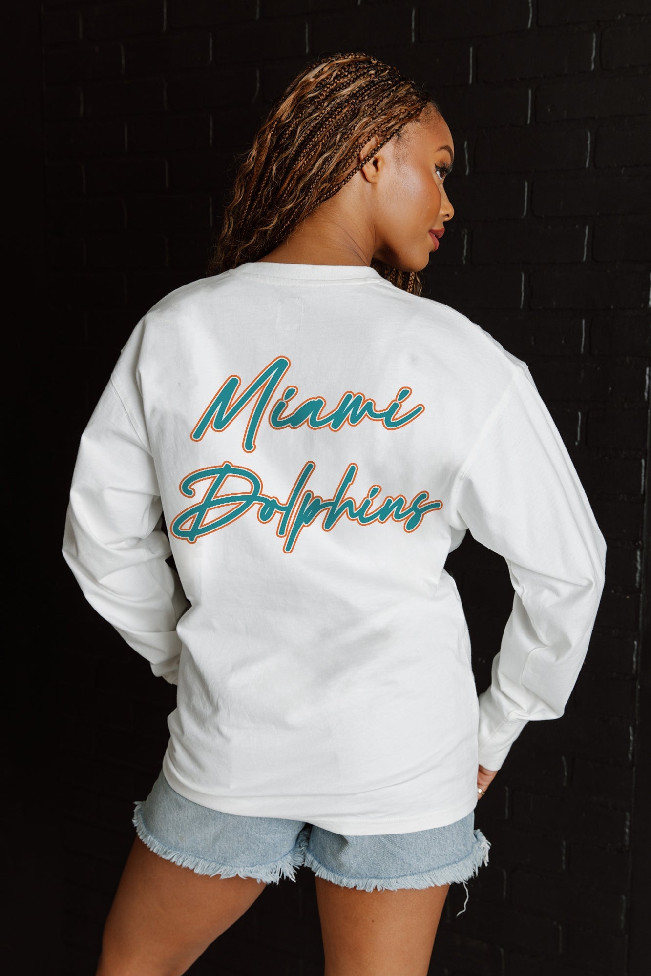 MIAMI DOLPHINS DOUBLE MOVE OVERSIZED MIDWEIGHT LONG SLEEVE TEE
