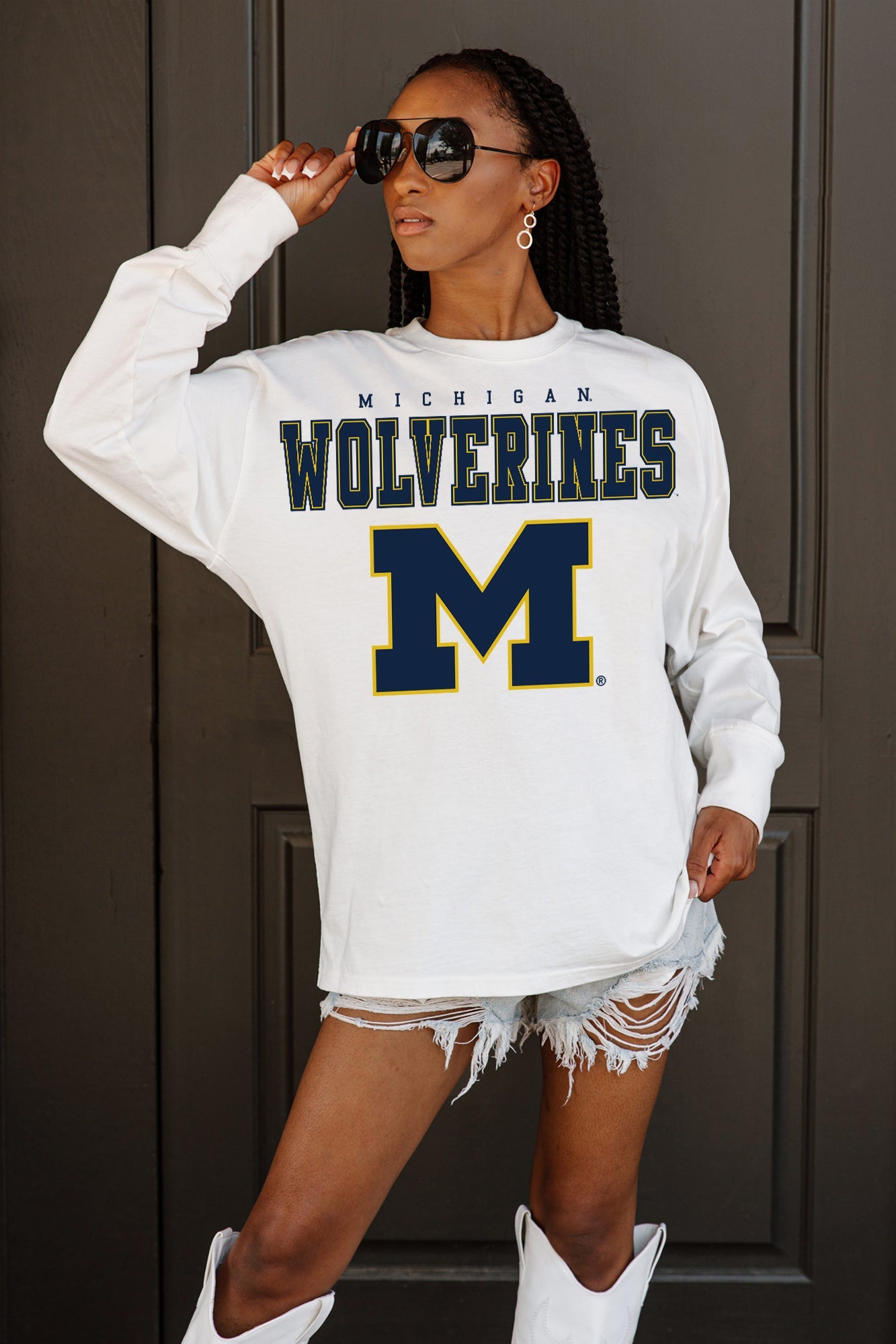 MICHIGAN WOLVERINES BIG GOALS OVERSIZED LONG SLEEVE TEE - Front Detail | Gameday Couture - SOHO