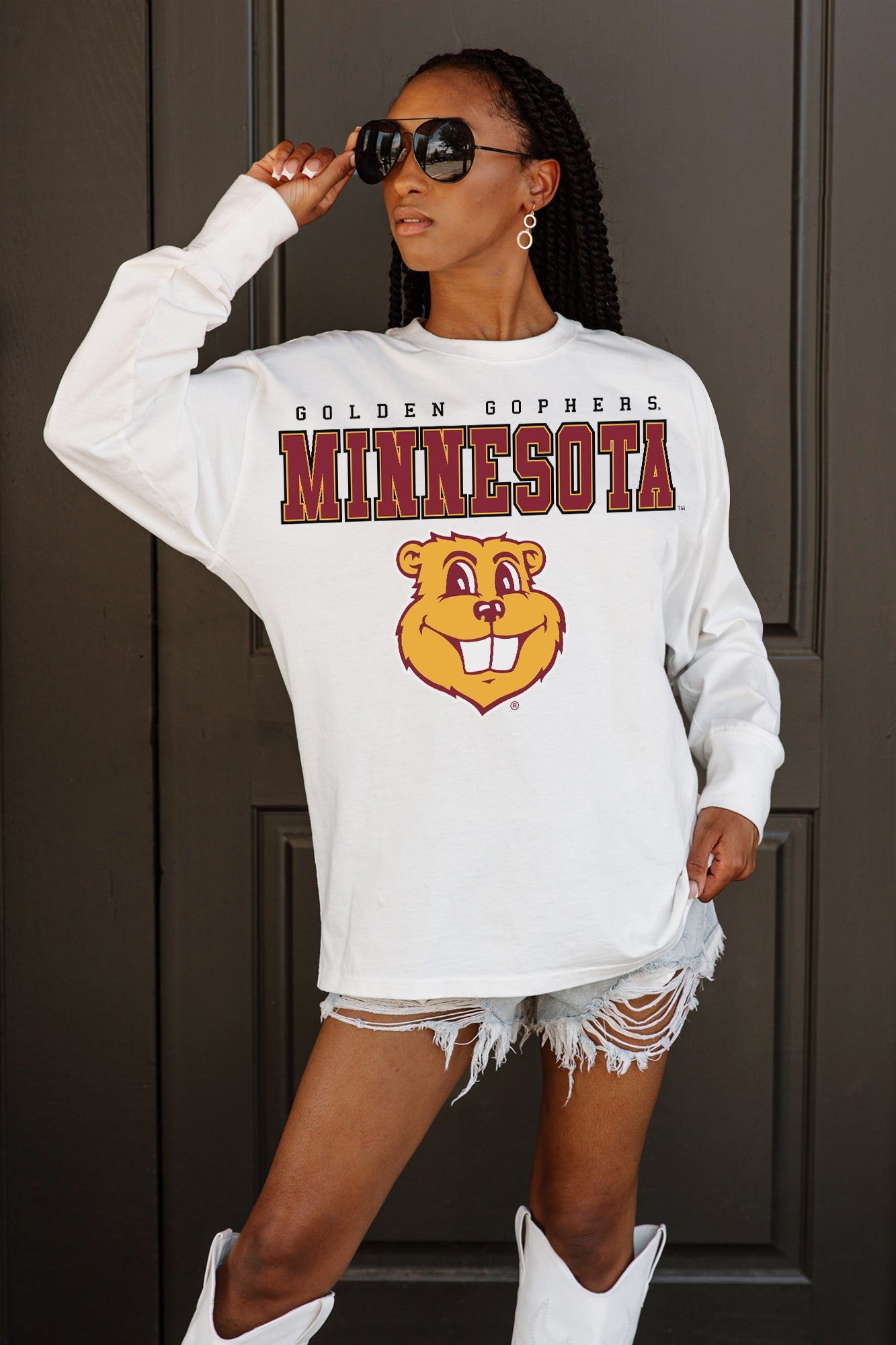 MINNESOTA GOLDEN GOPHERS BIG GOALS OVERSIZED LONG SLEEVE TEE WITH RIBBED NECKLINE AND CUFFS