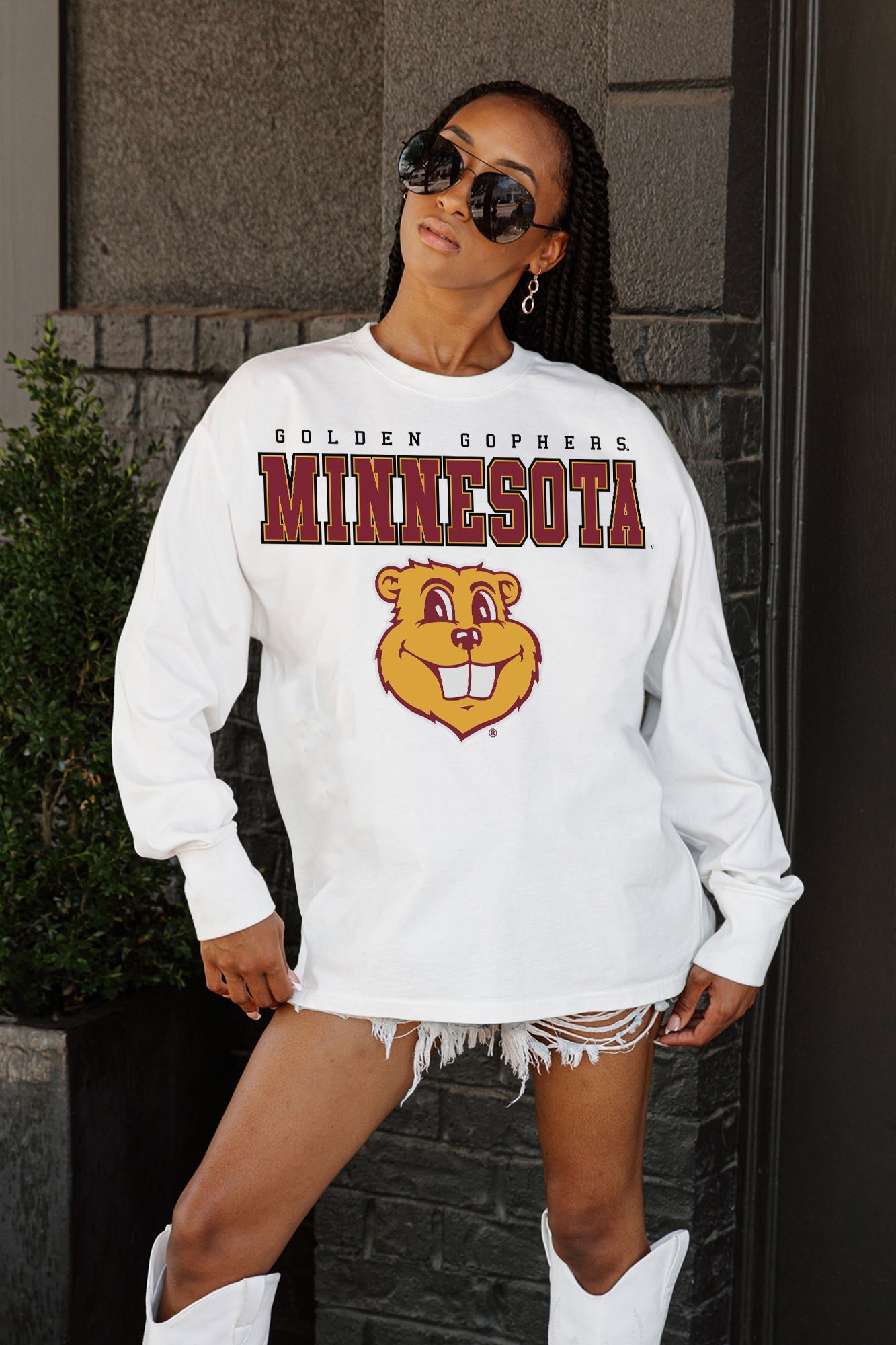MINNESOTA GOLDEN GOPHERS BIG GOALS OVERSIZED LONG SLEEVE TEE WITH RIBBED NECKLINE AND CUFFS