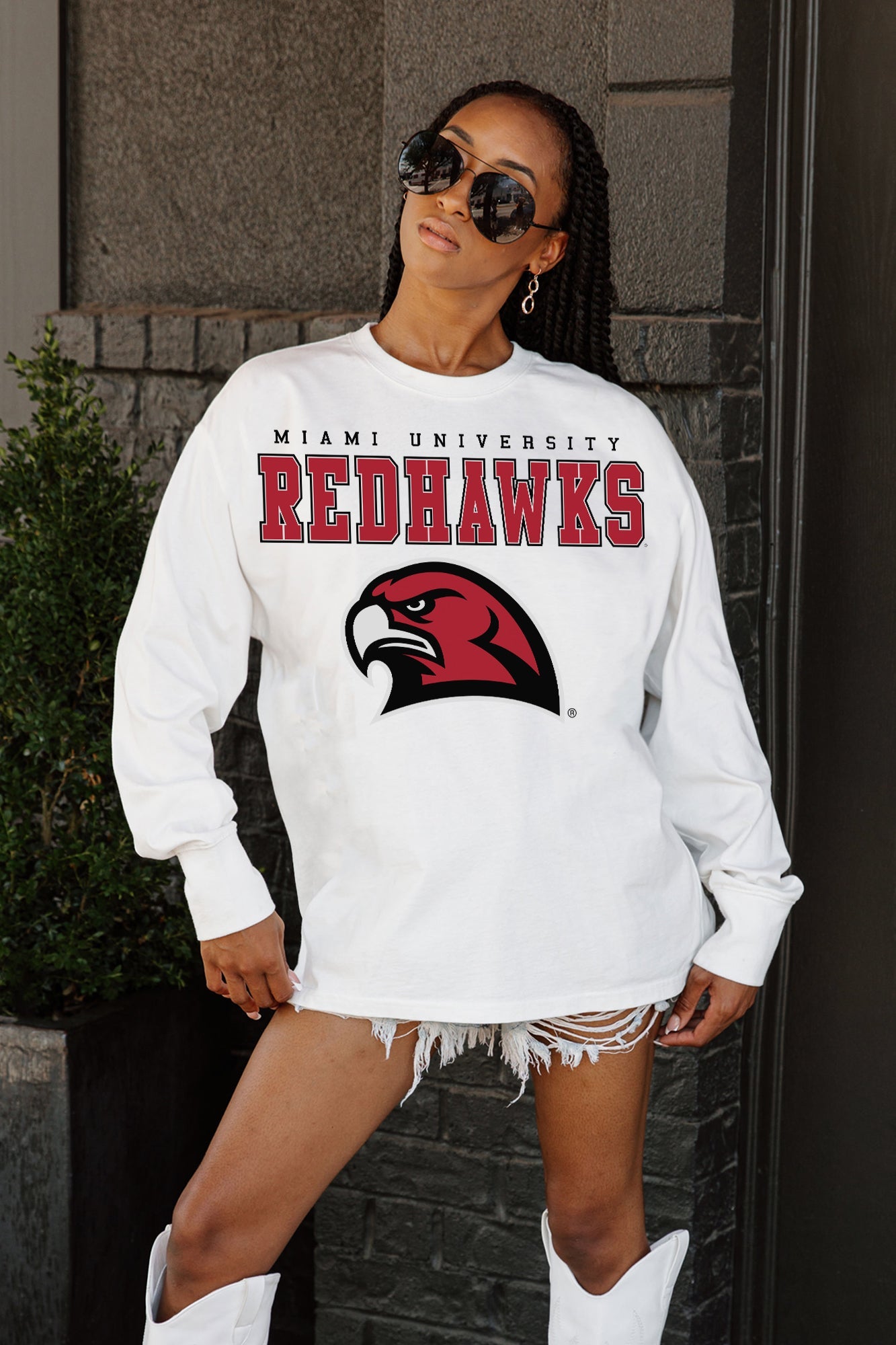 MIAMI OF OHIO REDHAWKS BIG GOALS OVERSIZED LONG SLEEVE TEE WITH RIBBED NECKLINE AND CUFFS