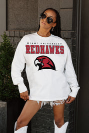 MIAMI OF OHIO REDHAWKS BIG GOALS OVERSIZED LONG SLEEVE TEE WITH RIBBED NECKLINE AND CUFFS