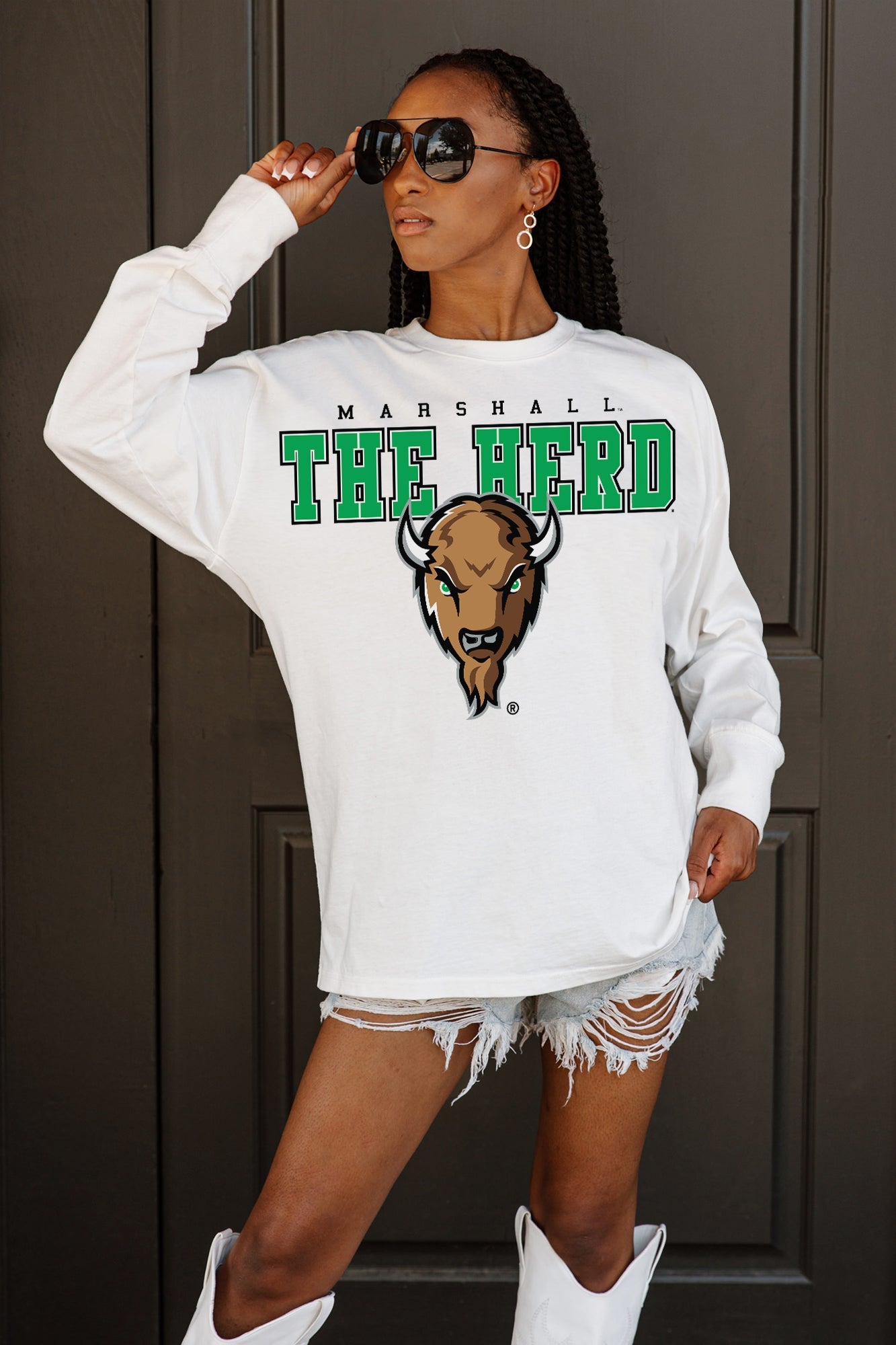 MARSHALL THUNDERING HERD BIG GOALS OVERSIZED LONG SLEEVE TEE WITH RIBBED NECKLINE AND CUFFS