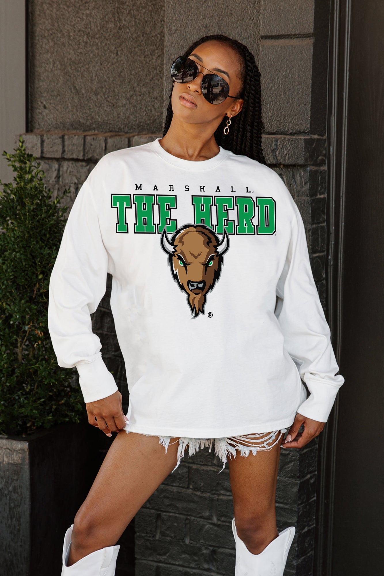 MARSHALL THUNDERING HERD BIG GOALS OVERSIZED LONG SLEEVE TEE WITH RIBBED NECKLINE AND CUFFS