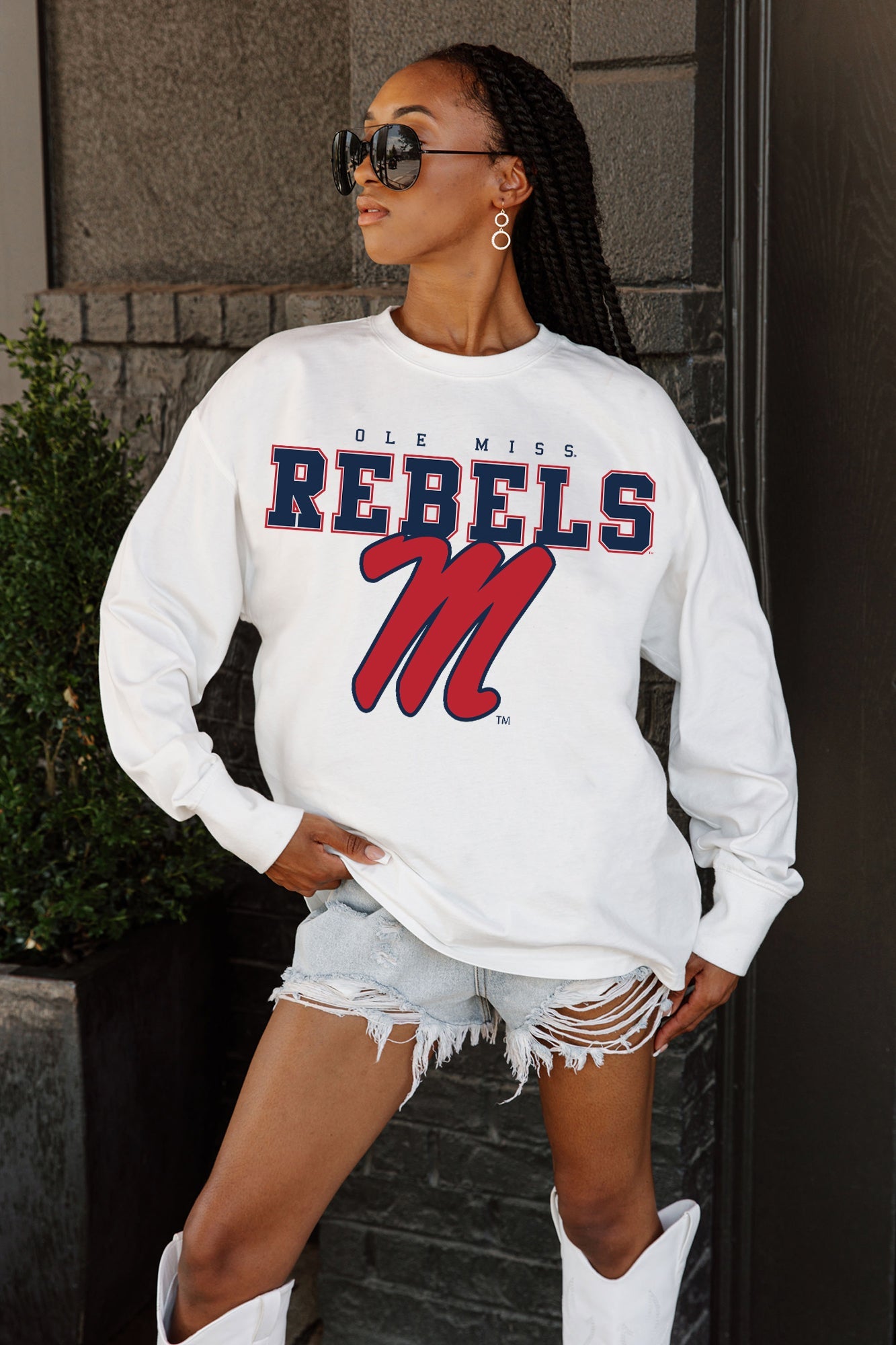 OLE MISS REBELS BIG GOALS OVERSIZED LONG SLEEVE TEE WITH RIBBED NECKLINE AND CUFFS