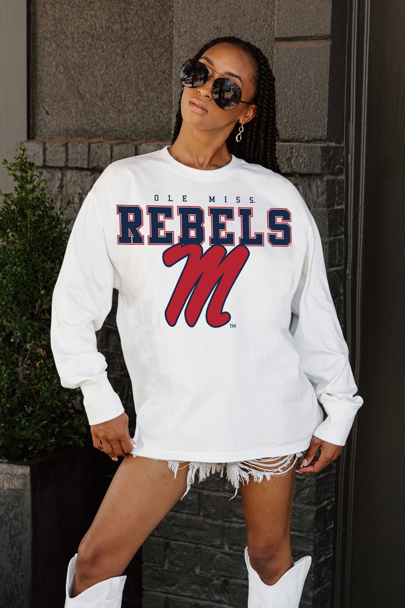 OLE MISS REBELS BIG GOALS OVERSIZED LONG SLEEVE TEE WITH RIBBED NECKLINE AND CUFFS