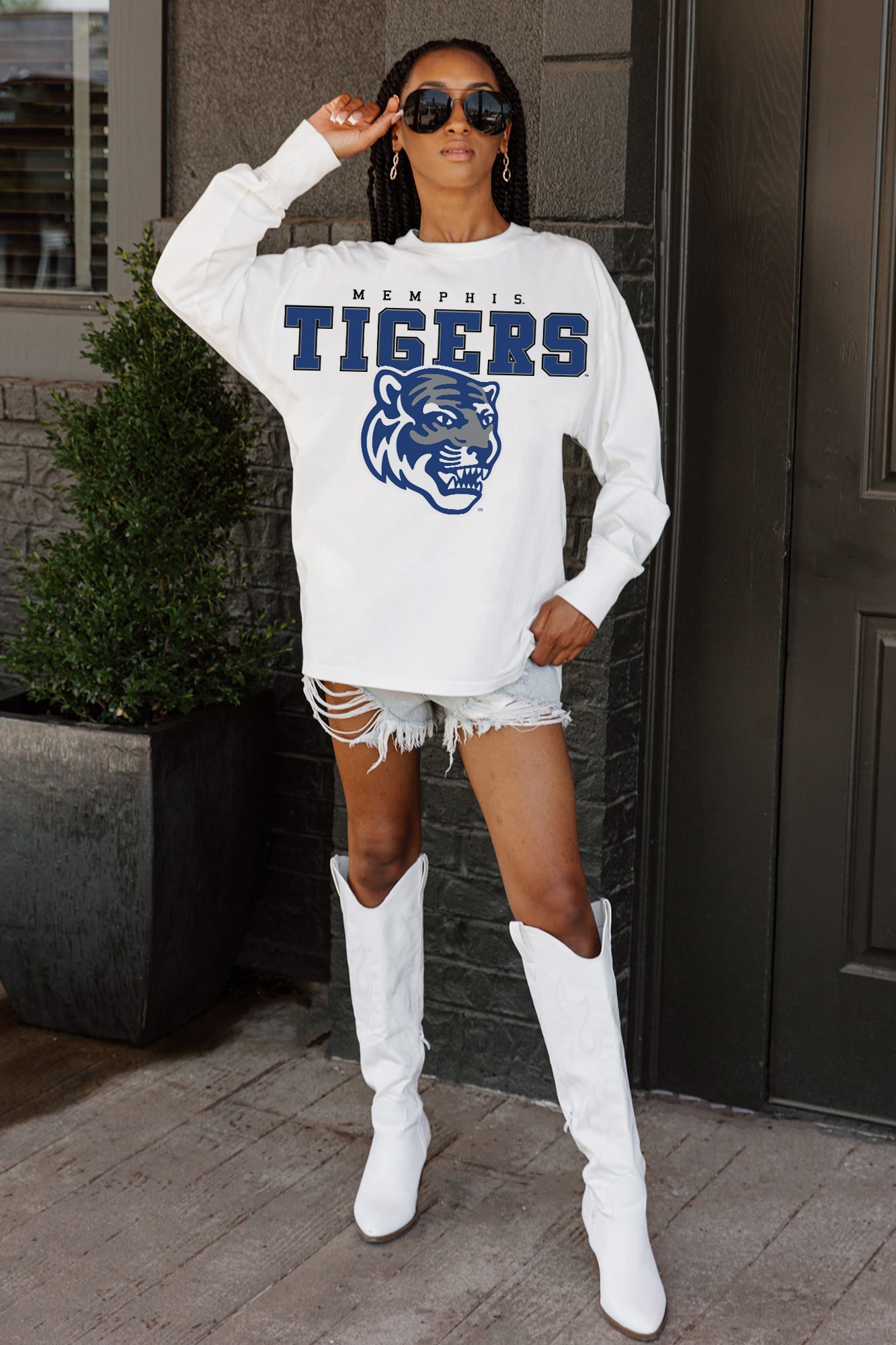 MEMPHIS TIGERS BIG GOALS OVERSIZED LONG SLEEVE TEE WITH RIBBED NECKLINE AND CUFFS