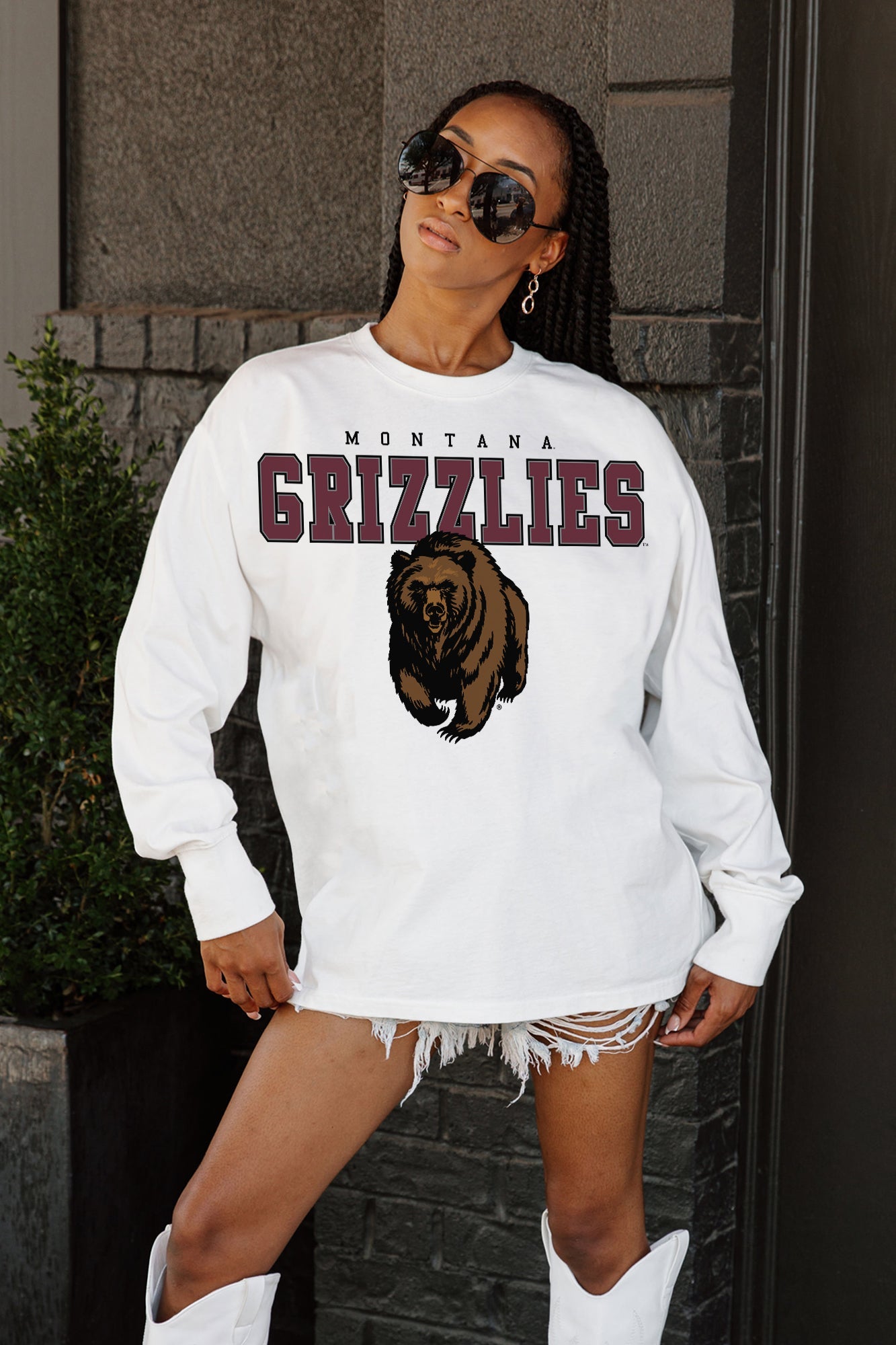 MONTANA GRIZZLIES BIG GOALS OVERSIZED LONG SLEEVE TEE WITH RIBBED NECKLINE AND CUFFS