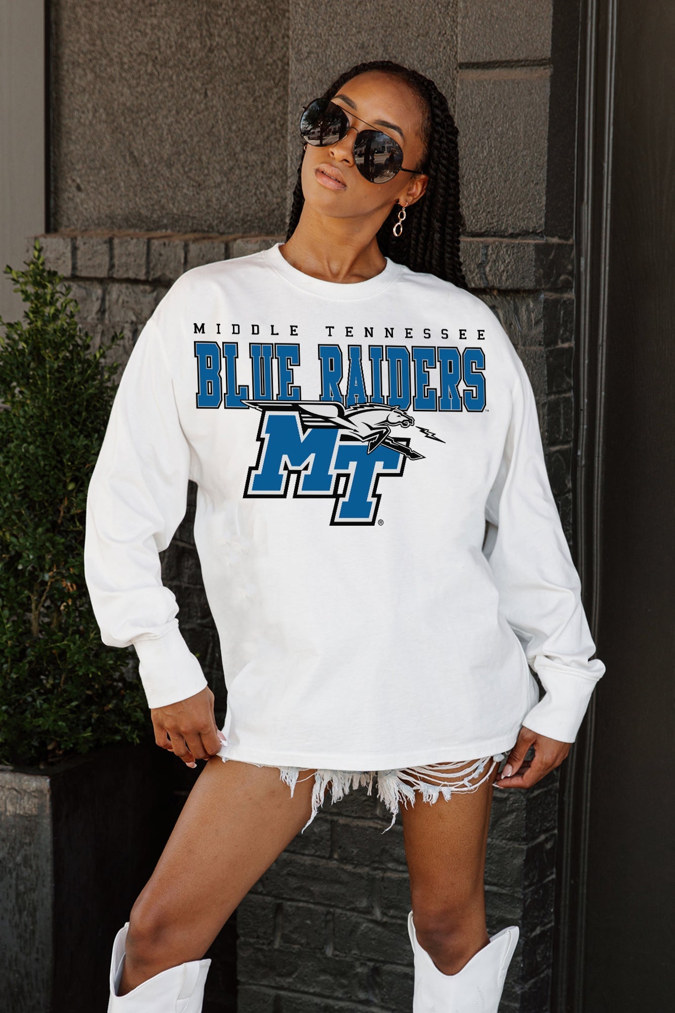 MIDDLE TENNESSEE STATE BLUE RAIDERS BIG GOALS OVERSIZED LONG SLEEVE TEE WITH RIBBED NECKLINE AND CUFFS