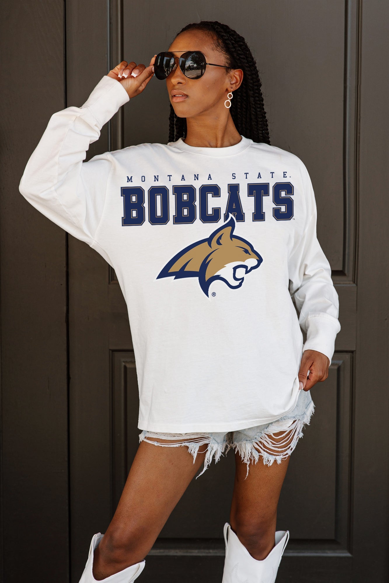 MONTANA STATE BOBCATS BIG GOALS OVERSIZED LONG SLEEVE TEE WITH RIBBED NECKLINE AND CUFFS