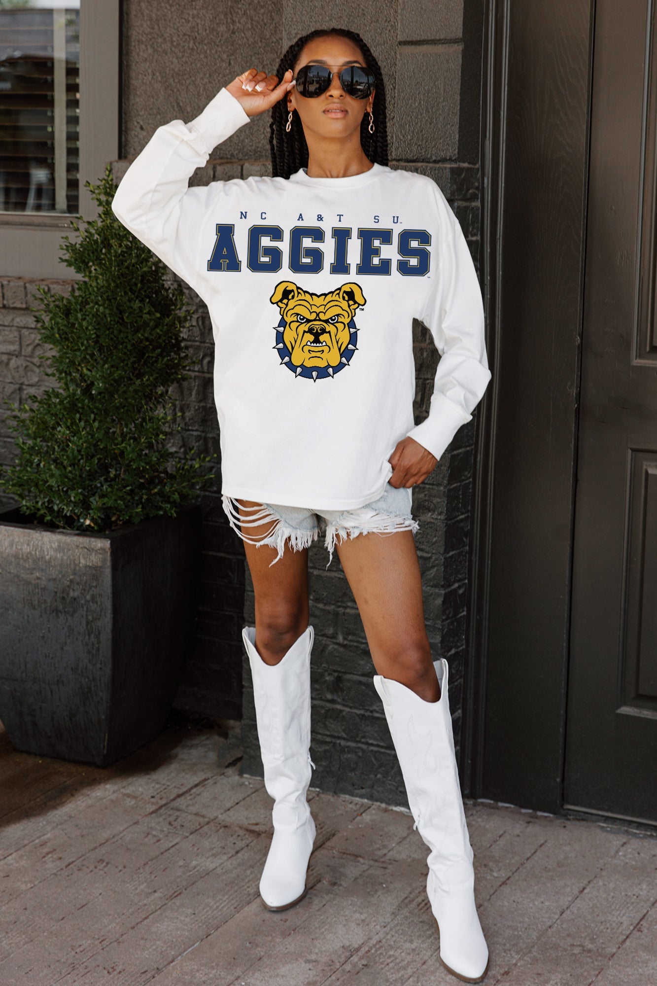 NORTH CAROLINA A&T STATE AGGIES BIG GOALS OVERSIZED LONG SLEEVE TEE WITH RIBBED NECKLINE AND CUFFS