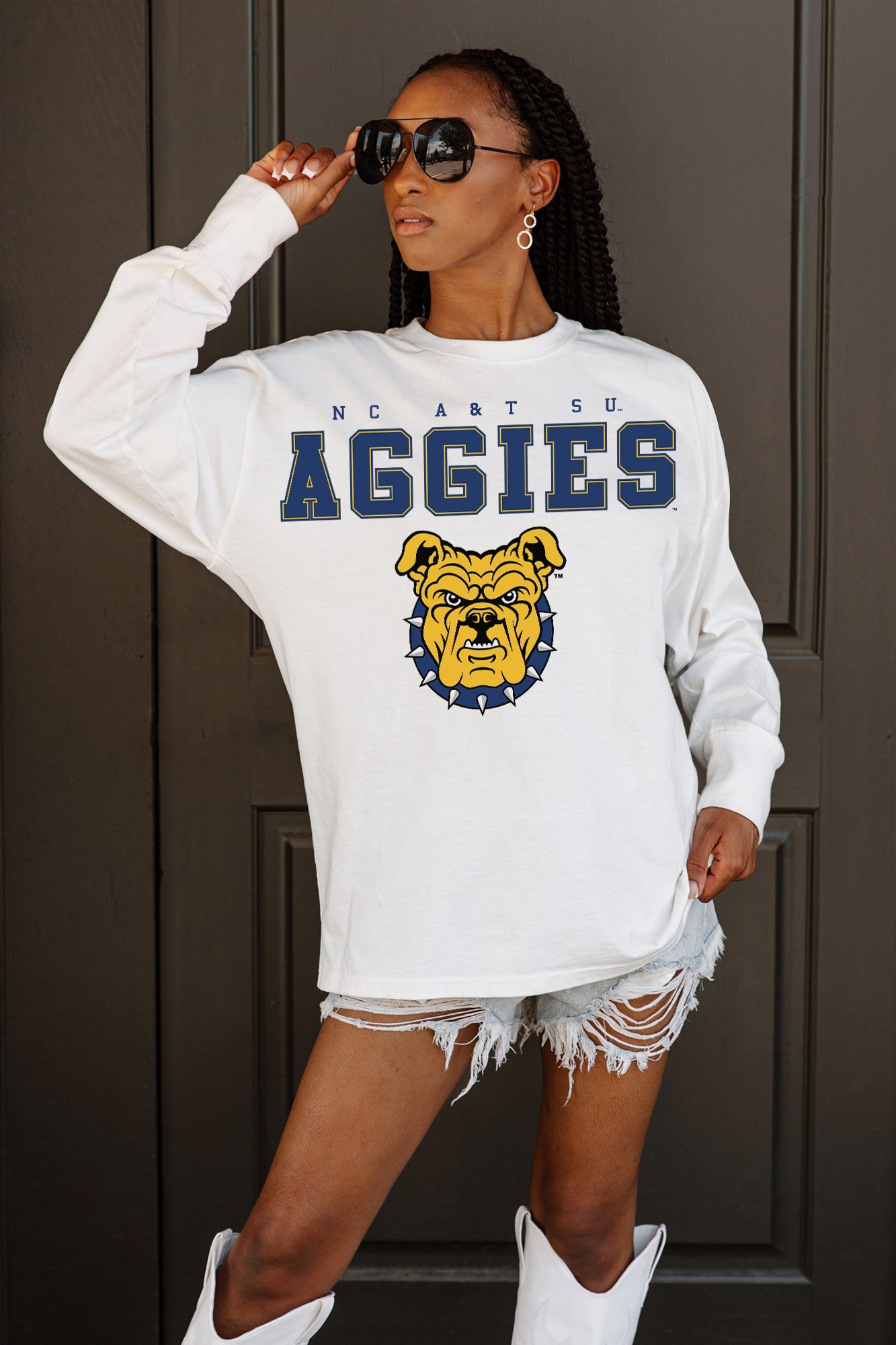 NORTH CAROLINA A&T STATE AGGIES BIG GOALS OVERSIZED LONG SLEEVE TEE WITH RIBBED NECKLINE AND CUFFS