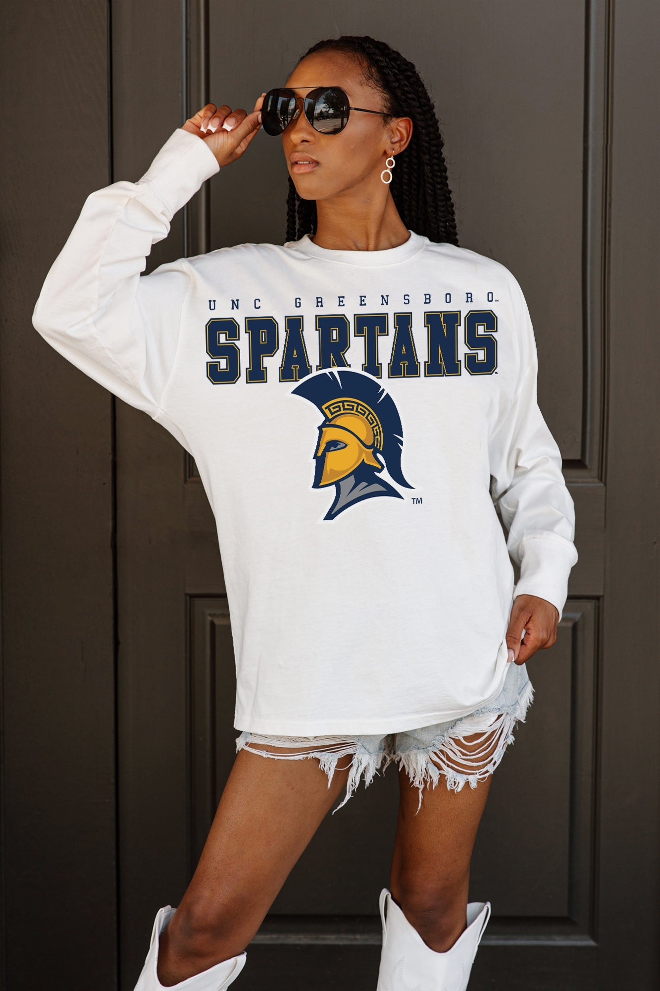UNC GREENSBORO SPARTANS BIG GOALS OVERSIZED LONG SLEEVE TEE WITH RIBBED NECKLINE AND CUFFS