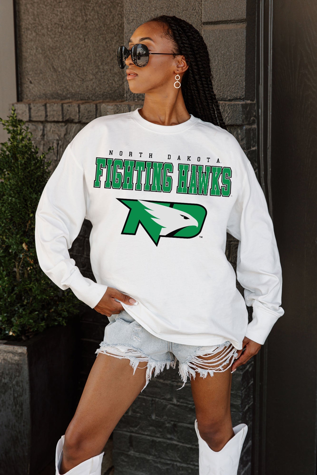 NORTH DAKOTA FIGHTING HAWKS BIG GOALS OVERSIZED LONG SLEEVE TEE WITH RIBBED NECKLINE AND CUFFS