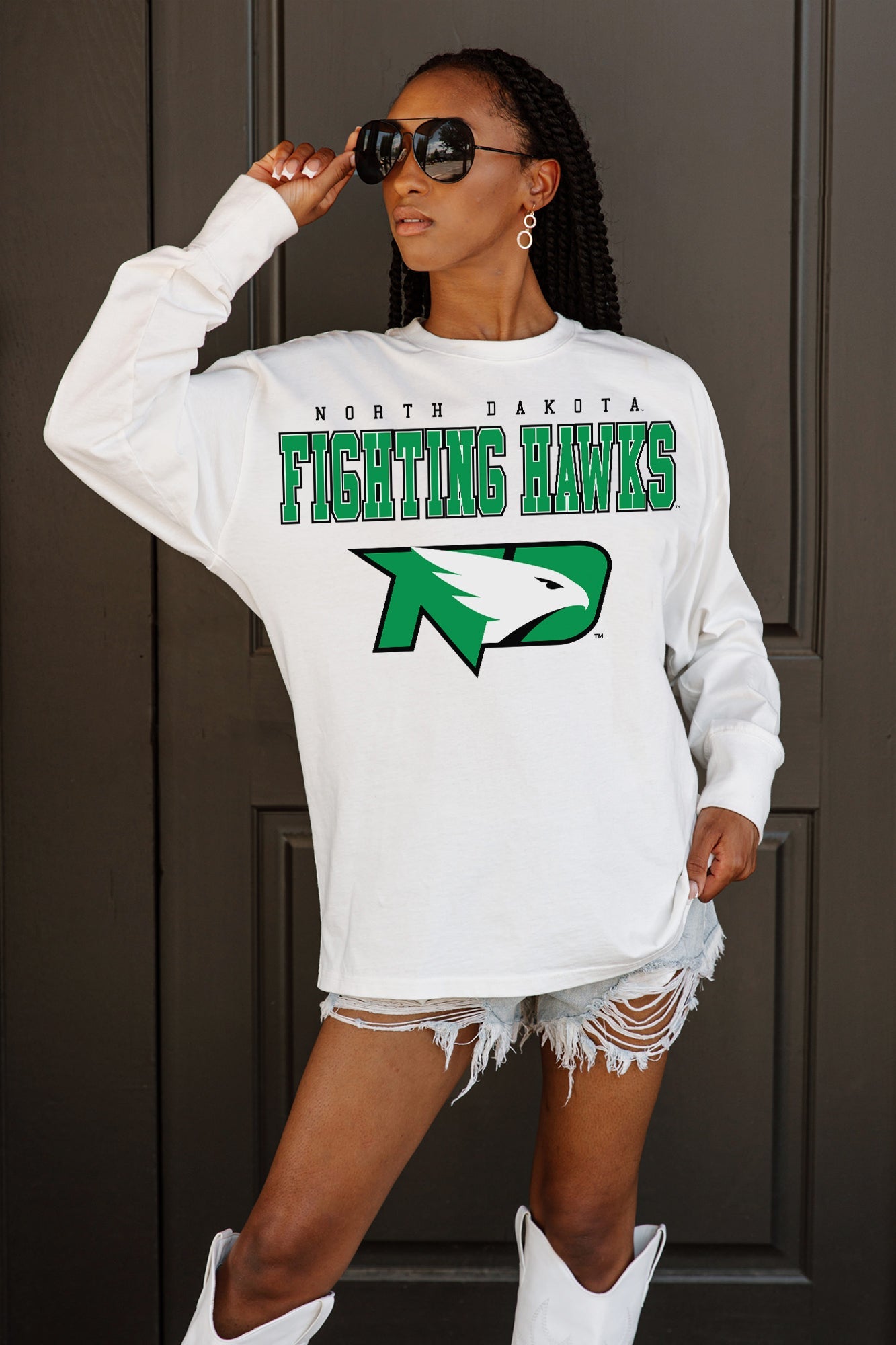 NORTH DAKOTA FIGHTING HAWKS BIG GOALS OVERSIZED LONG SLEEVE TEE WITH RIBBED NECKLINE AND CUFFS