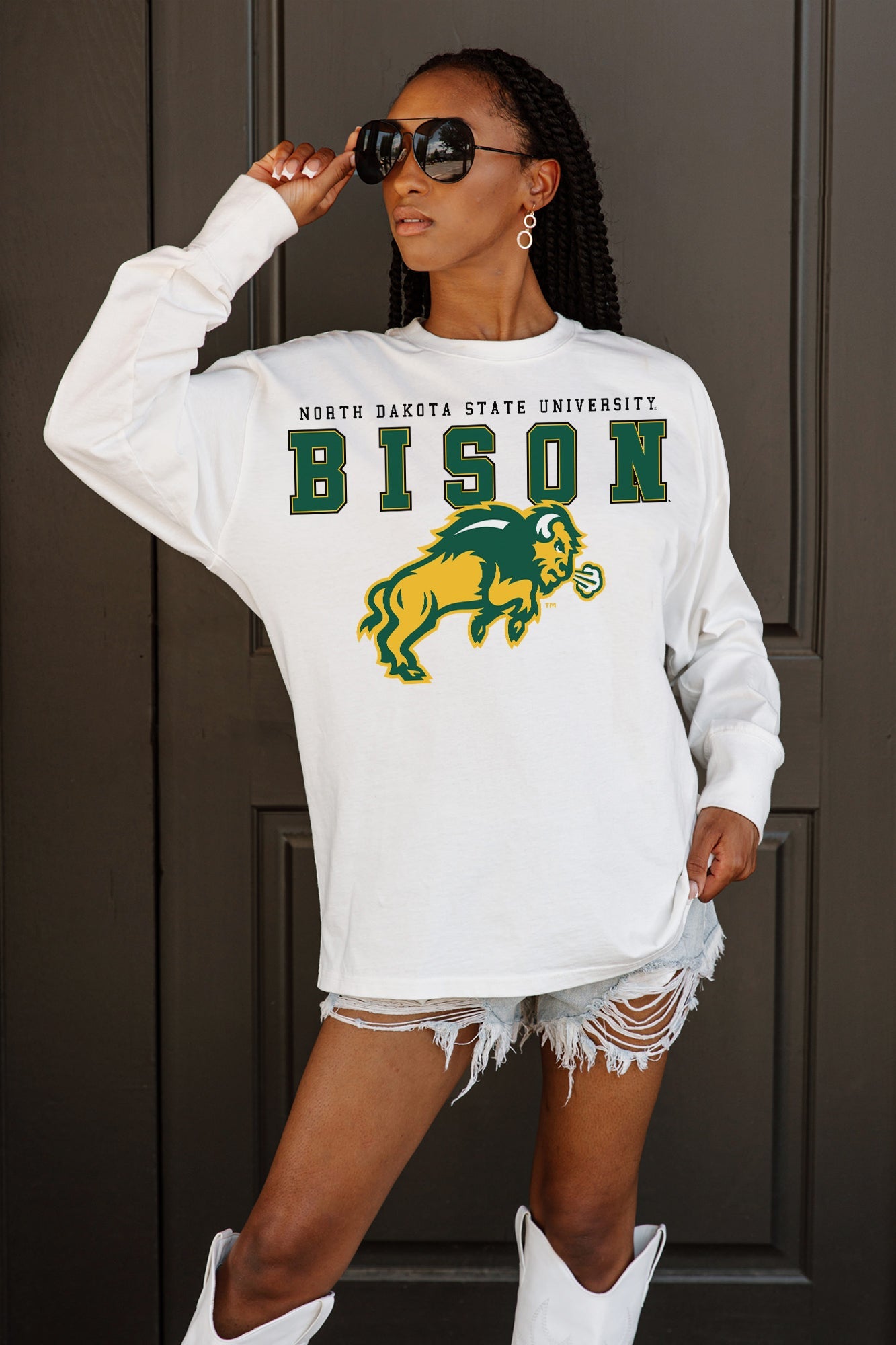 NORTH DAKOTA STATE BISON BIG GOALS OVERSIZED LONG SLEEVE TEE WITH RIBBED NECKLINE AND CUFFS