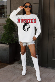 NORTHEASTERN HUSKIES BIG GOALS OVERSIZED LONG SLEEVE TEE WITH RIBBED NECKLINE AND CUFFS