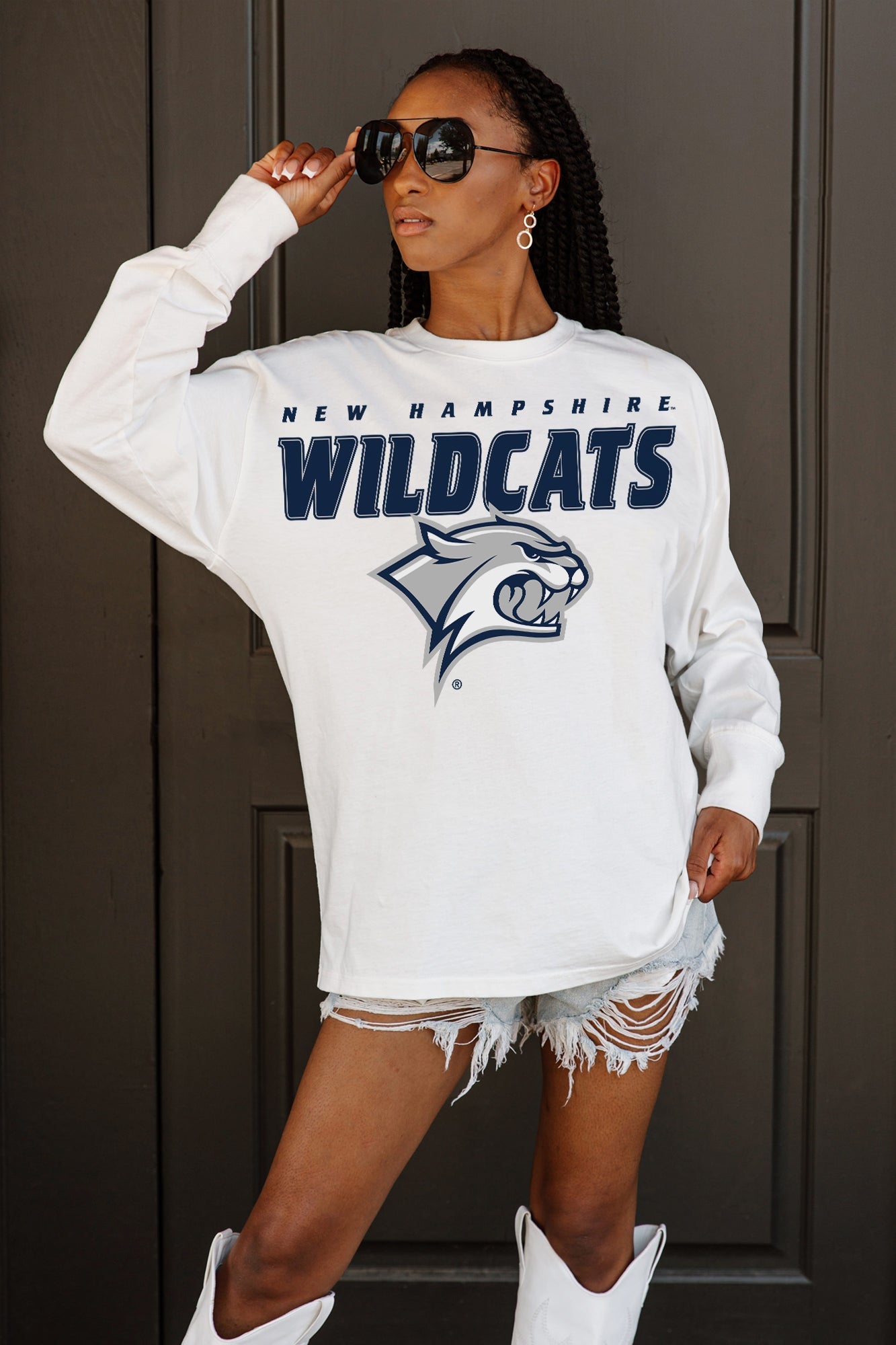 NEW HAMPSHIRE WILDCATS BIG GOALS OVERSIZED LONG SLEEVE TEE WITH RIBBED NECKLINE AND CUFFS