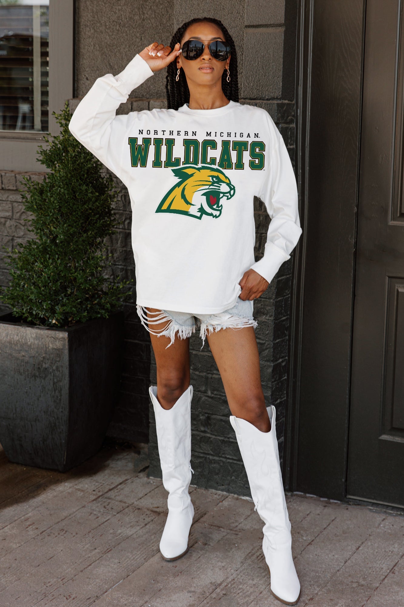 White Northern Michigan Wildcats Big Goals Oversized Long Sleeve Tee - On Model Full Length Styled Look | Gameday Couture - SOHO