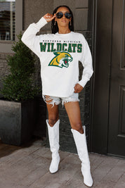 White Northern Michigan Wildcats Big Goals Oversized Long Sleeve Tee - On Model Full Length Styled Look | Gameday Couture - SOHO