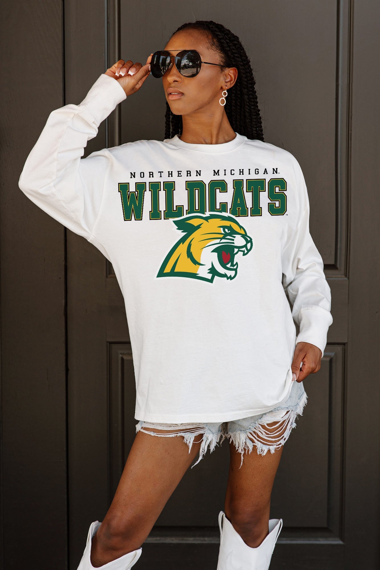 White Northern Michigan Wildcats Big Goals Oversized Long Sleeve Tee - On Model Close-Up Graphic View | Gameday Couture - SOHO