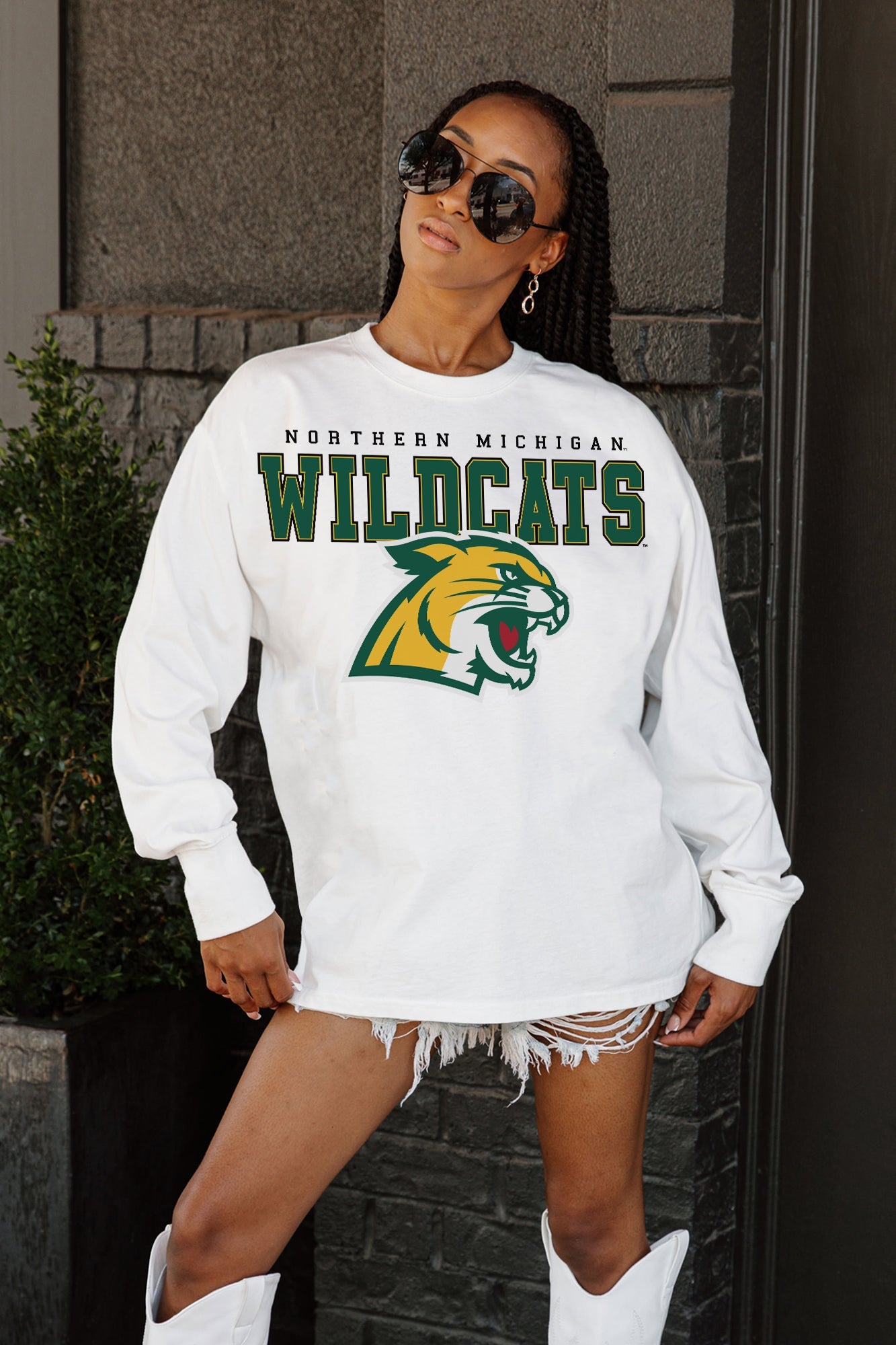 White Northern Michigan Wildcats Big Goals Oversized Long Sleeve Tee - On Model Three-Quarter Front View | Gameday Couture - SOHO