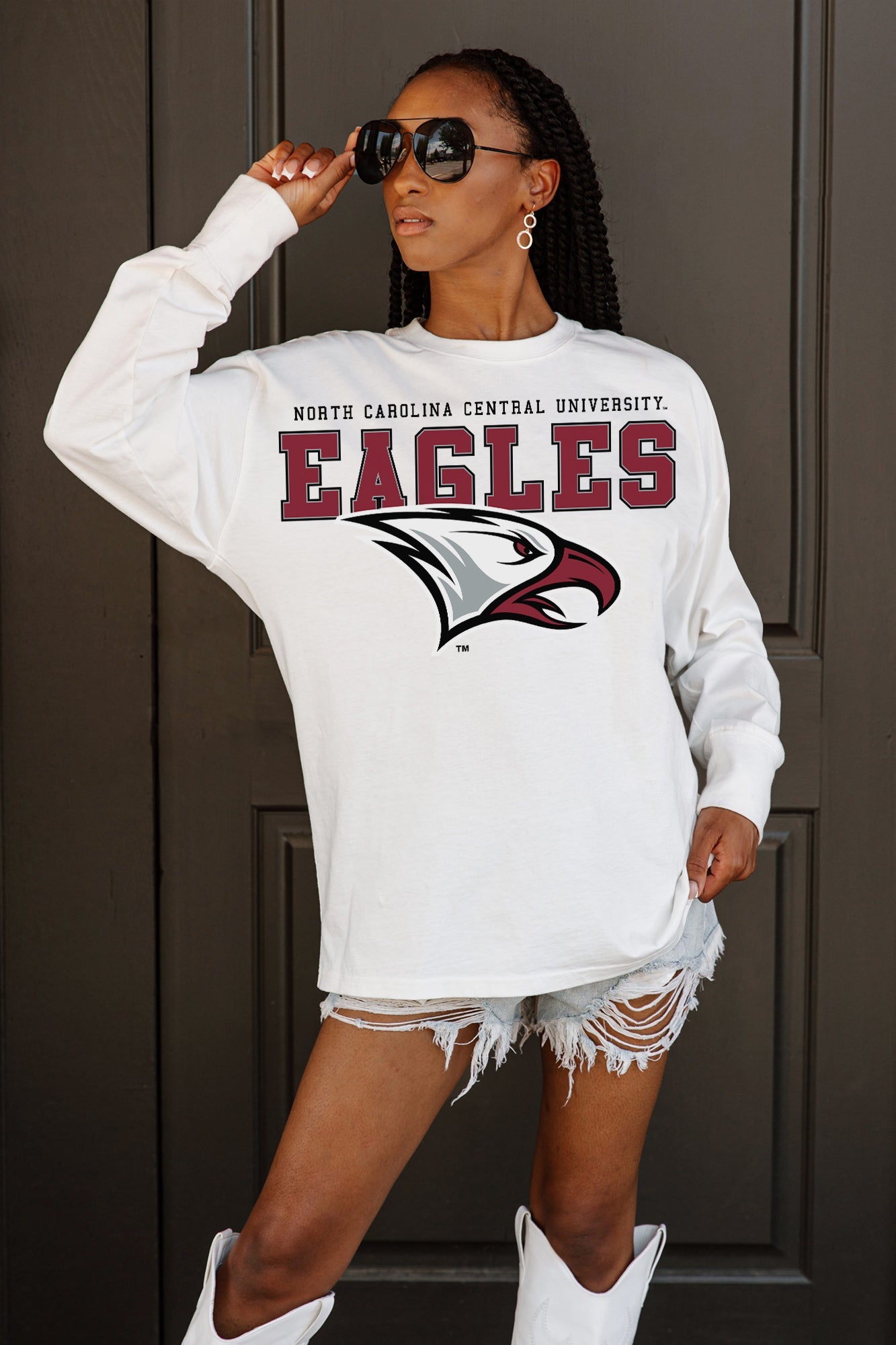 NORTH CAROLINA CENTRAL EAGLES BIG GOALS OVERSIZED LONG SLEEVE TEE WITH RIBBED NECKLINE AND CUFFS