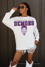 NORTHWESTERN STATE DEMONS BIG GOALS OVERSIZED LONG SLEEVE TEE WITH RIBBED NECKLINE AND CUFFS