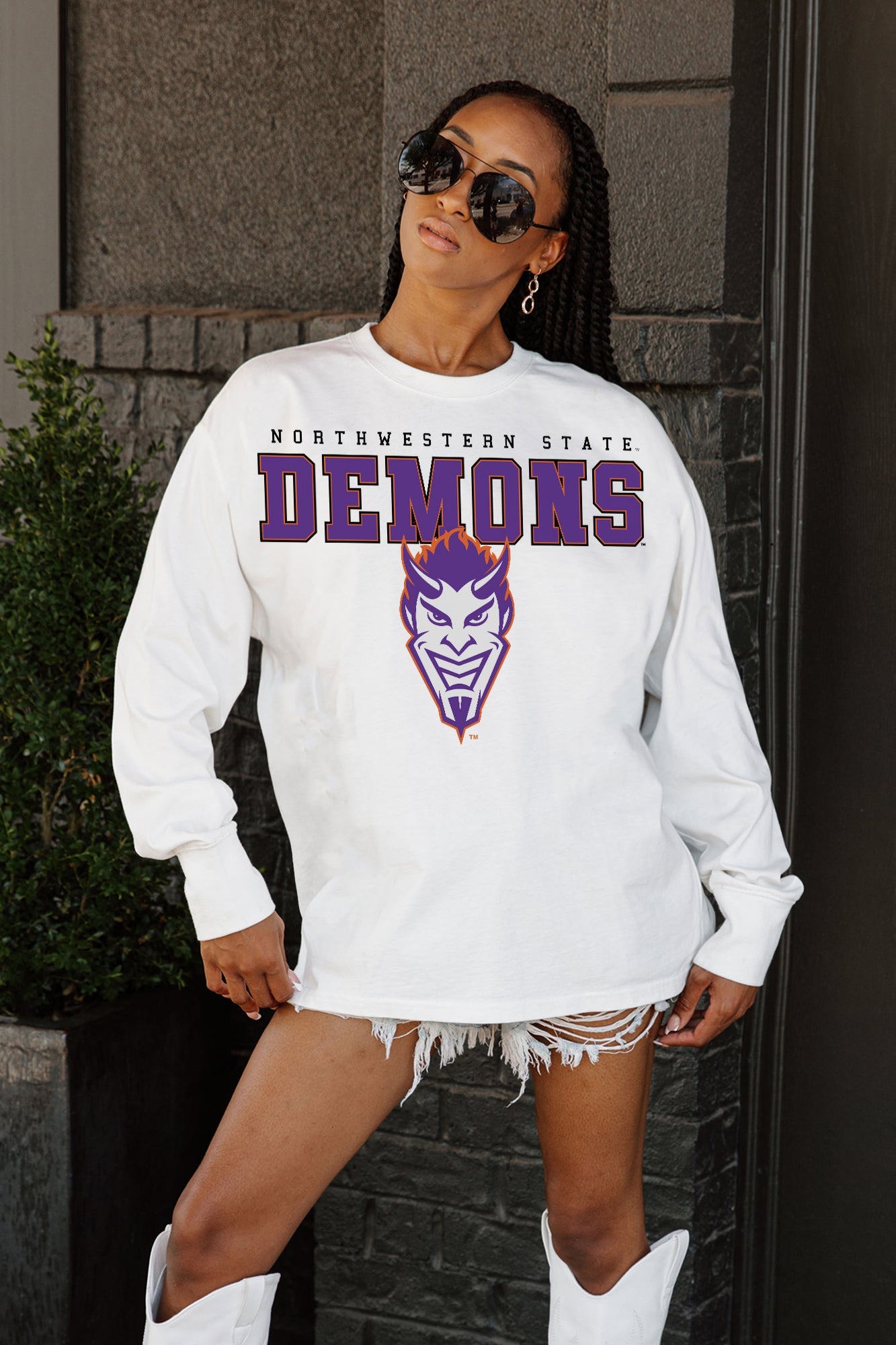 NORTHWESTERN STATE DEMONS BIG GOALS OVERSIZED LONG SLEEVE TEE WITH RIBBED NECKLINE AND CUFFS