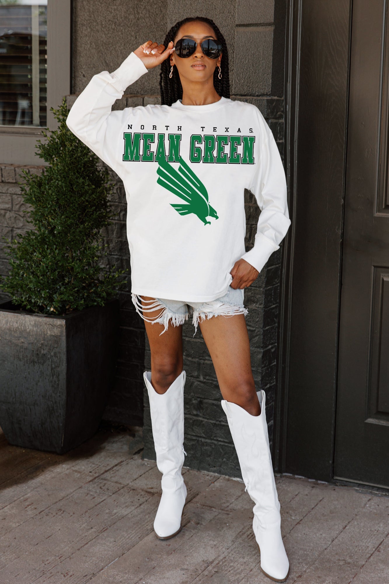 NORTH TEXAS MEAN GREEN BIG GOALS OVERSIZED LONG SLEEVE TEE WITH RIBBED NECKLINE AND CUFFS