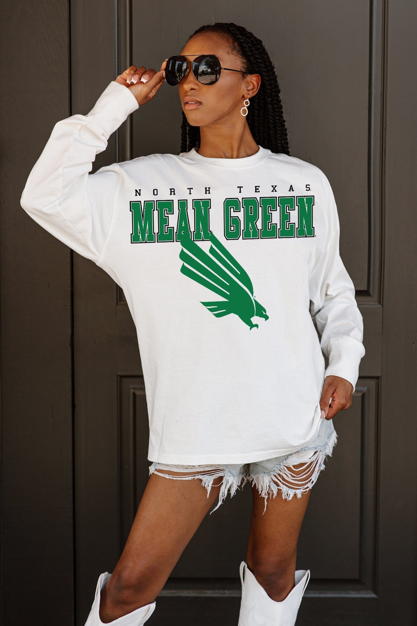NORTH TEXAS MEAN GREEN BIG GOALS OVERSIZED LONG SLEEVE TEE WITH RIBBED NECKLINE AND CUFFS