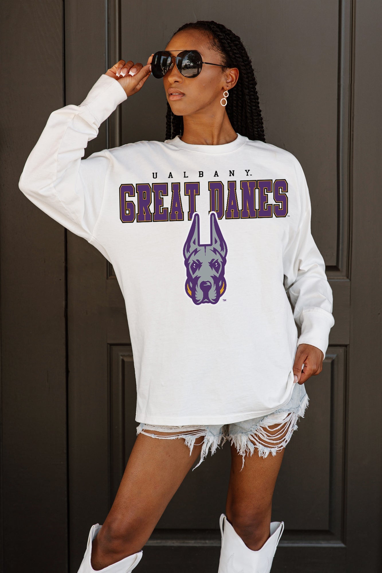 ALBANY GREAT DANES BIG GOALS OVERSIZED LONG SLEEVE TEE WITH RIBBED NECKLINE AND CUFFS