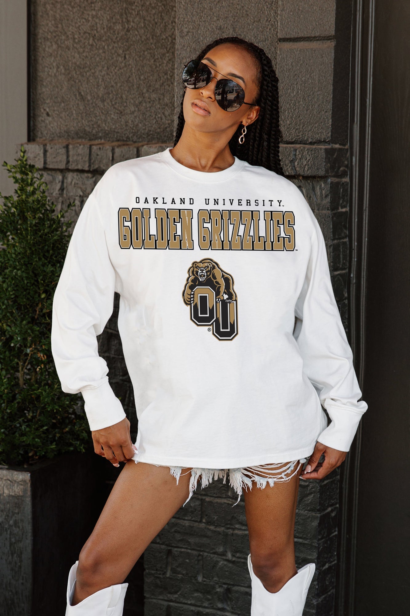 OAKLAND GOLDEN GRIZZLIES BIG GOALS OVERSIZED LONG SLEEVE TEE WITH RIBBED NECKLINE AND CUFFS