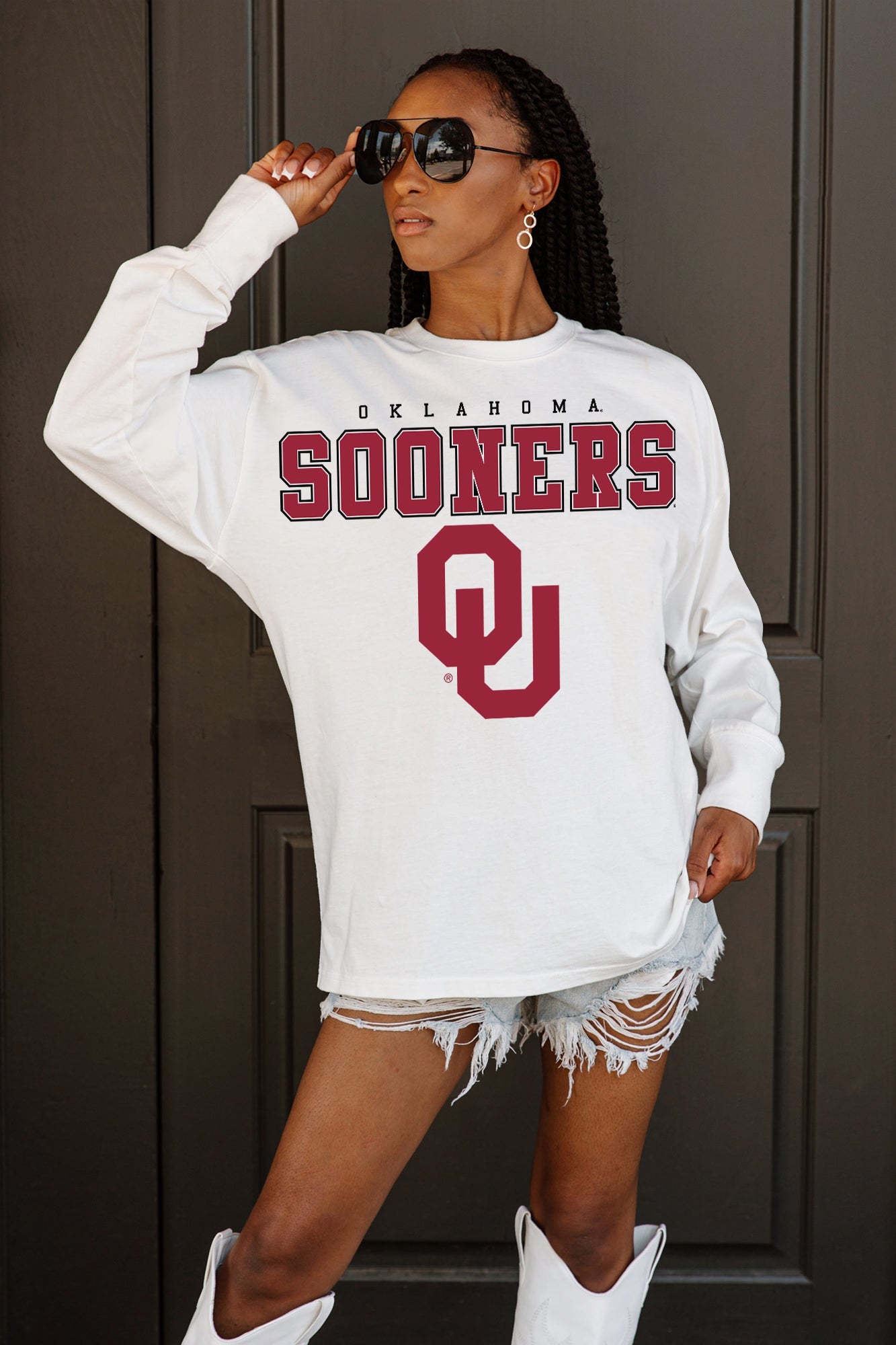 OKLAHOMA SOONERS BIG GOALS OVERSIZED LONG SLEEVE TEE WITH RIBBED NECKLINE AND CUFFS