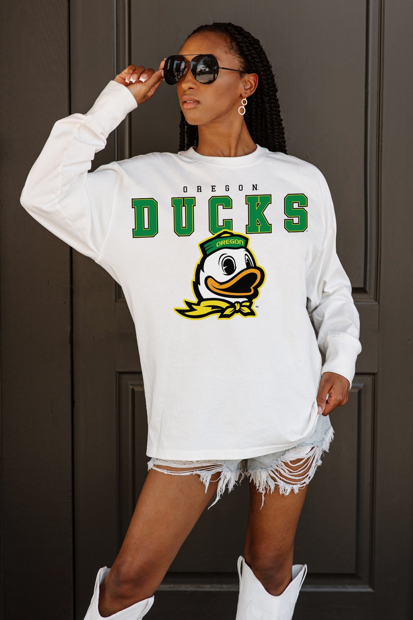 OREGON DUCKS BIG GOALS OVERSIZED LONG SLEEVE TEE WITH RIBBED NECKLINE AND CUFFS
