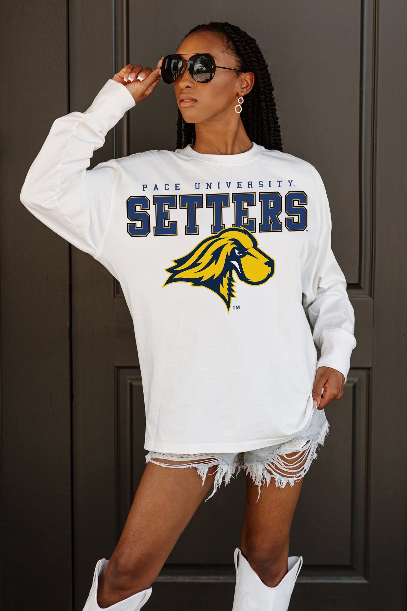 PACE SETTERS BIG GOALS OVERSIZED LONG SLEEVE TEE WITH RIBBED NECKLINE AND CUFFS