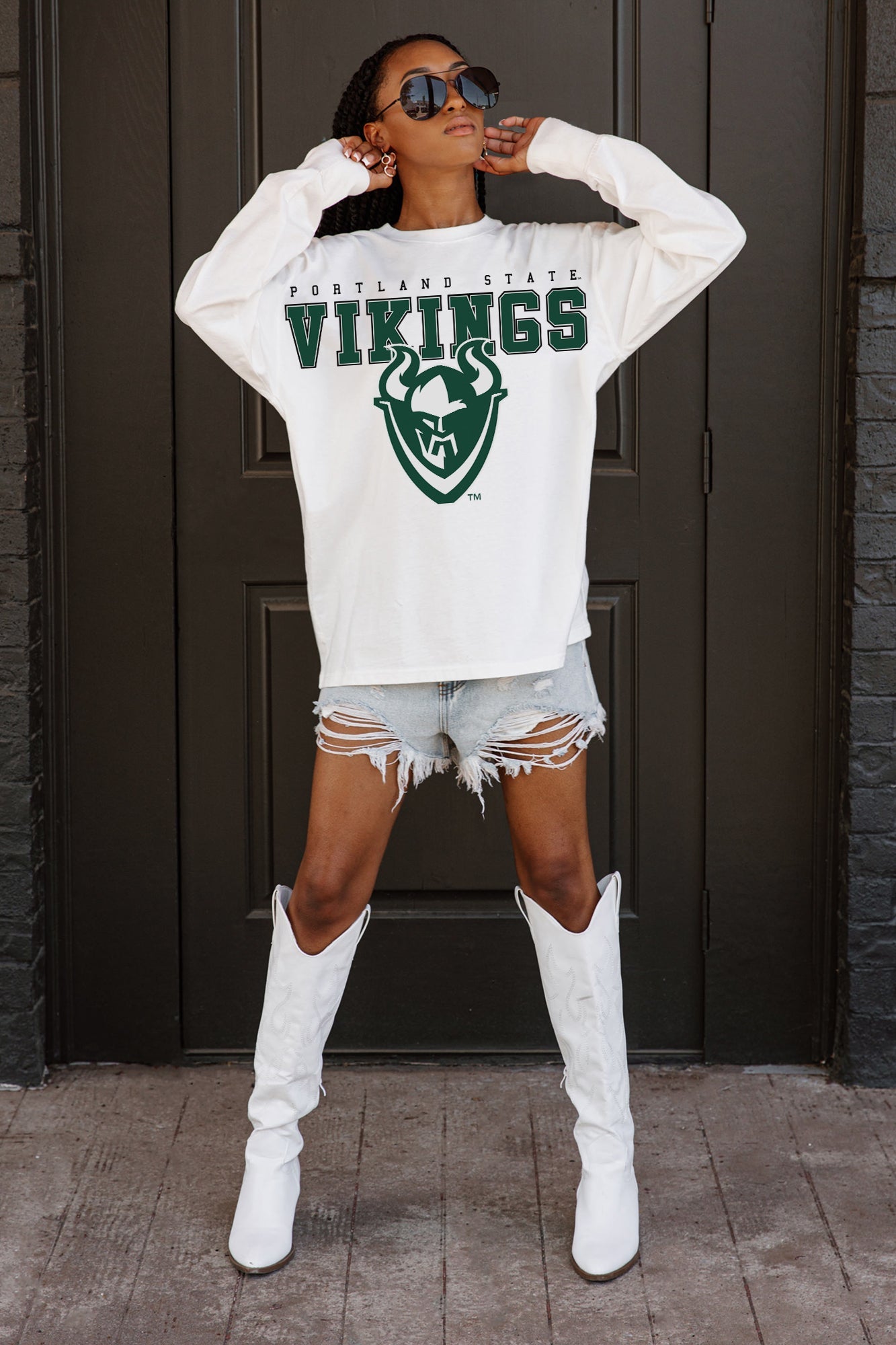 PORTLAND STATE VIKINGS BIG GOALS OVERSIZED LONG SLEEVE TEE WITH RIBBED NECKLINE AND CUFFS