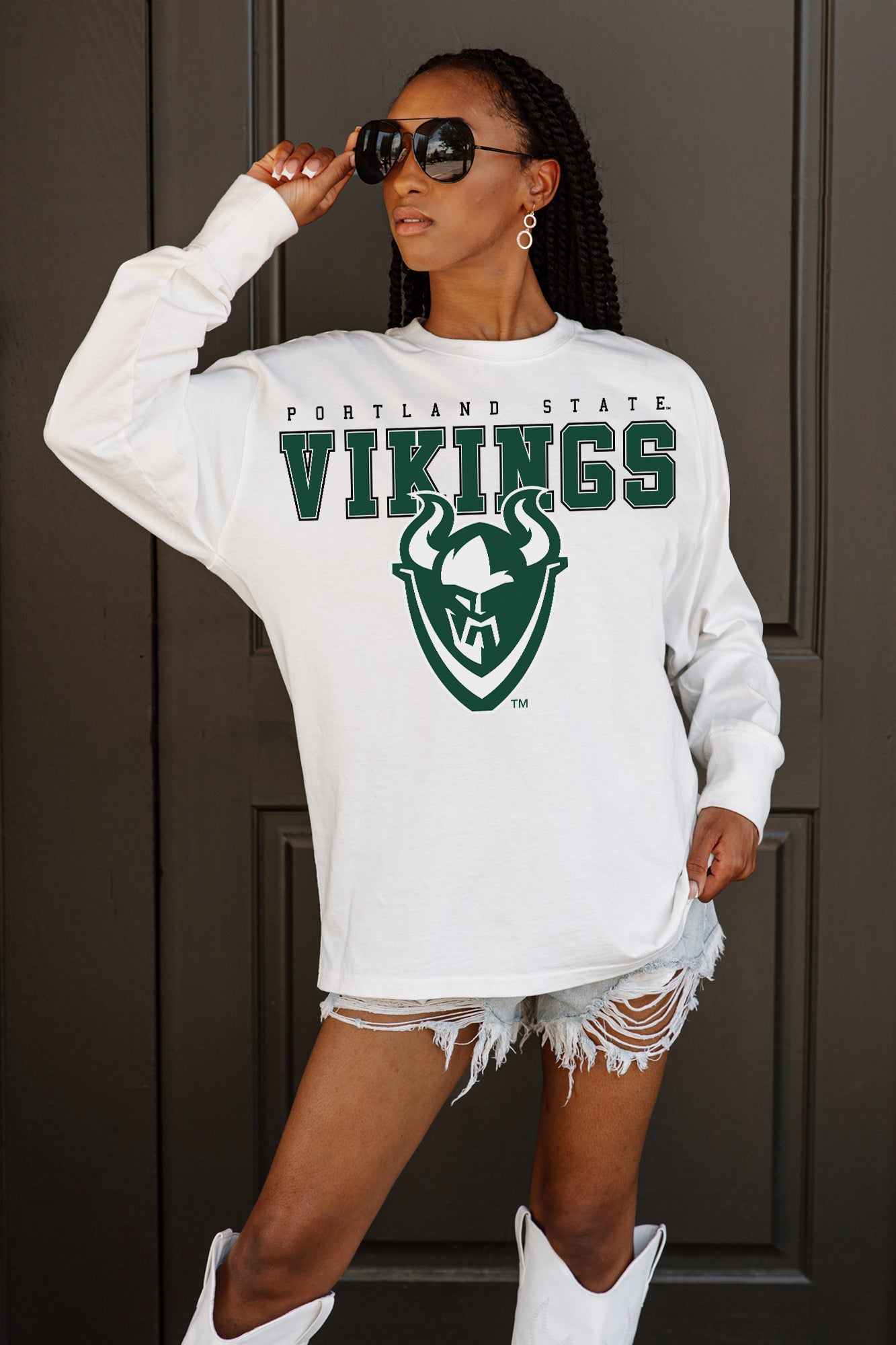 PORTLAND STATE VIKINGS BIG GOALS OVERSIZED LONG SLEEVE TEE WITH RIBBED NECKLINE AND CUFFS