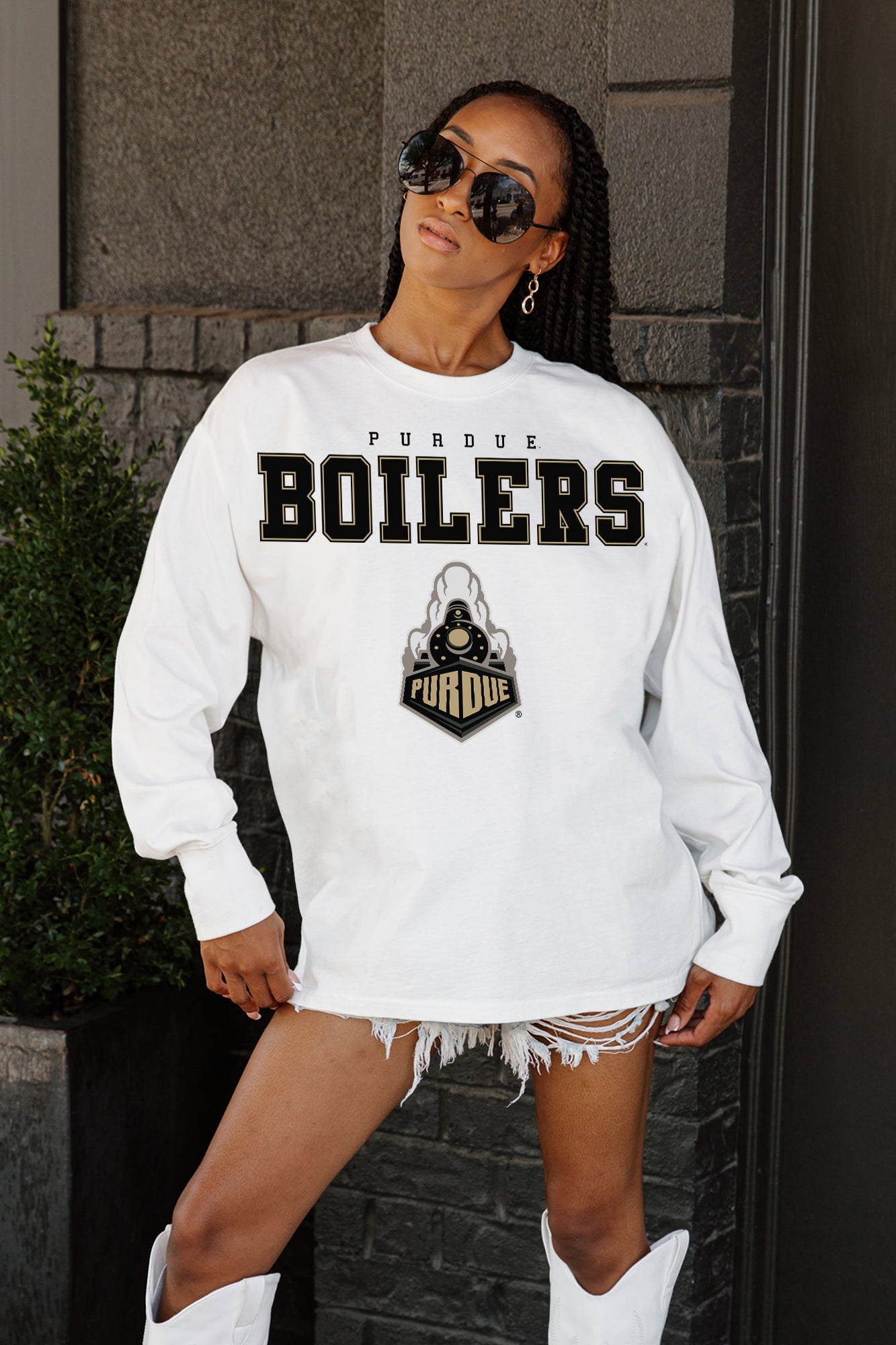 PURDUE BOILERMAKERS BIG GOALS OVERSIZED LONG SLEEVE TEE WITH RIBBED NECKLINE AND CUFFS