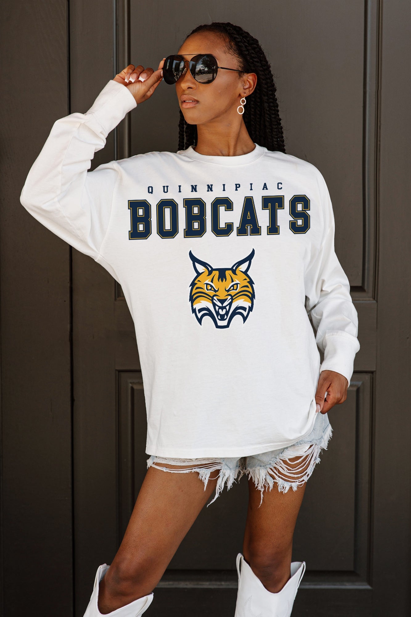 QUINNIPIAC BOBCATS BIG GOALS OVERSIZED LONG SLEEVE TEE WITH RIBBED NECKLINE AND CUFFS