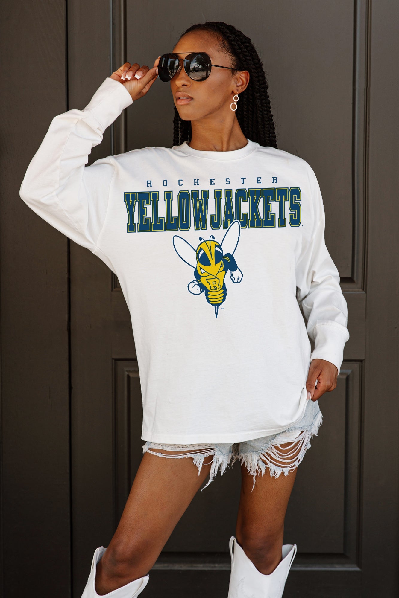 ROCHESTER YELLOWJACKETS BIG GOALS OVERSIZED LONG SLEEVE TEE WITH RIBBED NECKLINE AND CUFFS