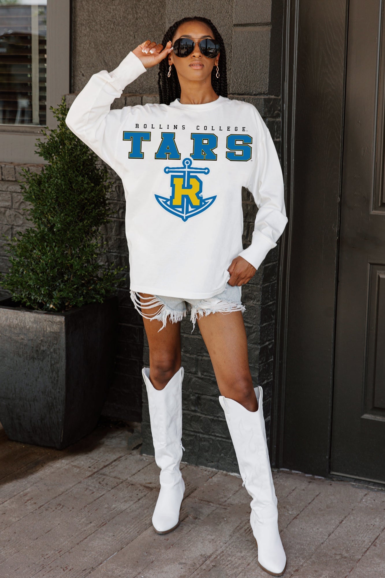 ROLLINS COLLEGE TARS BIG GOALS OVERSIZED LONG SLEEVE TEE WITH RIBBED NECKLINE AND CUFFS