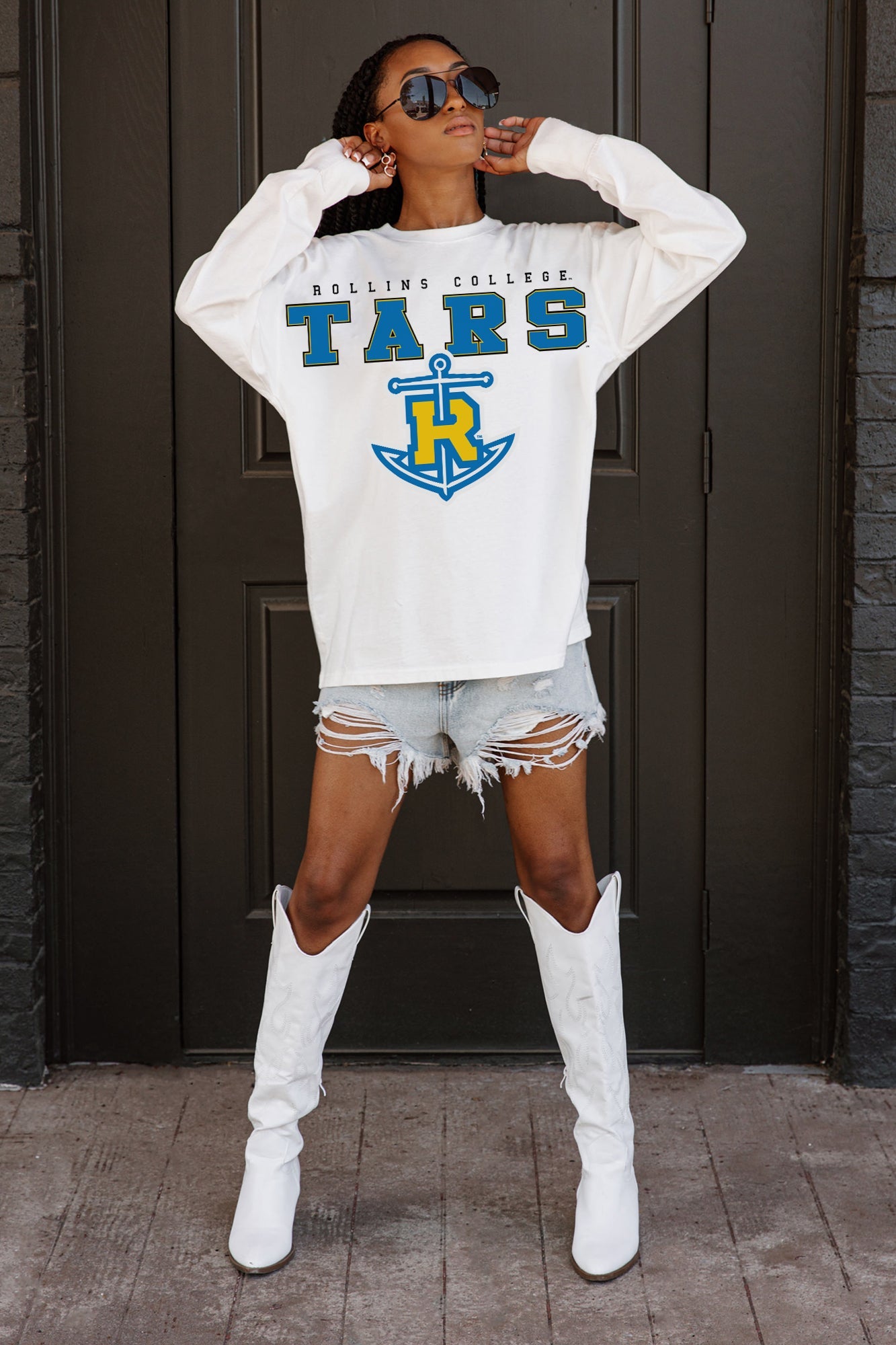 ROLLINS COLLEGE TARS BIG GOALS OVERSIZED LONG SLEEVE TEE WITH RIBBED NECKLINE AND CUFFS
